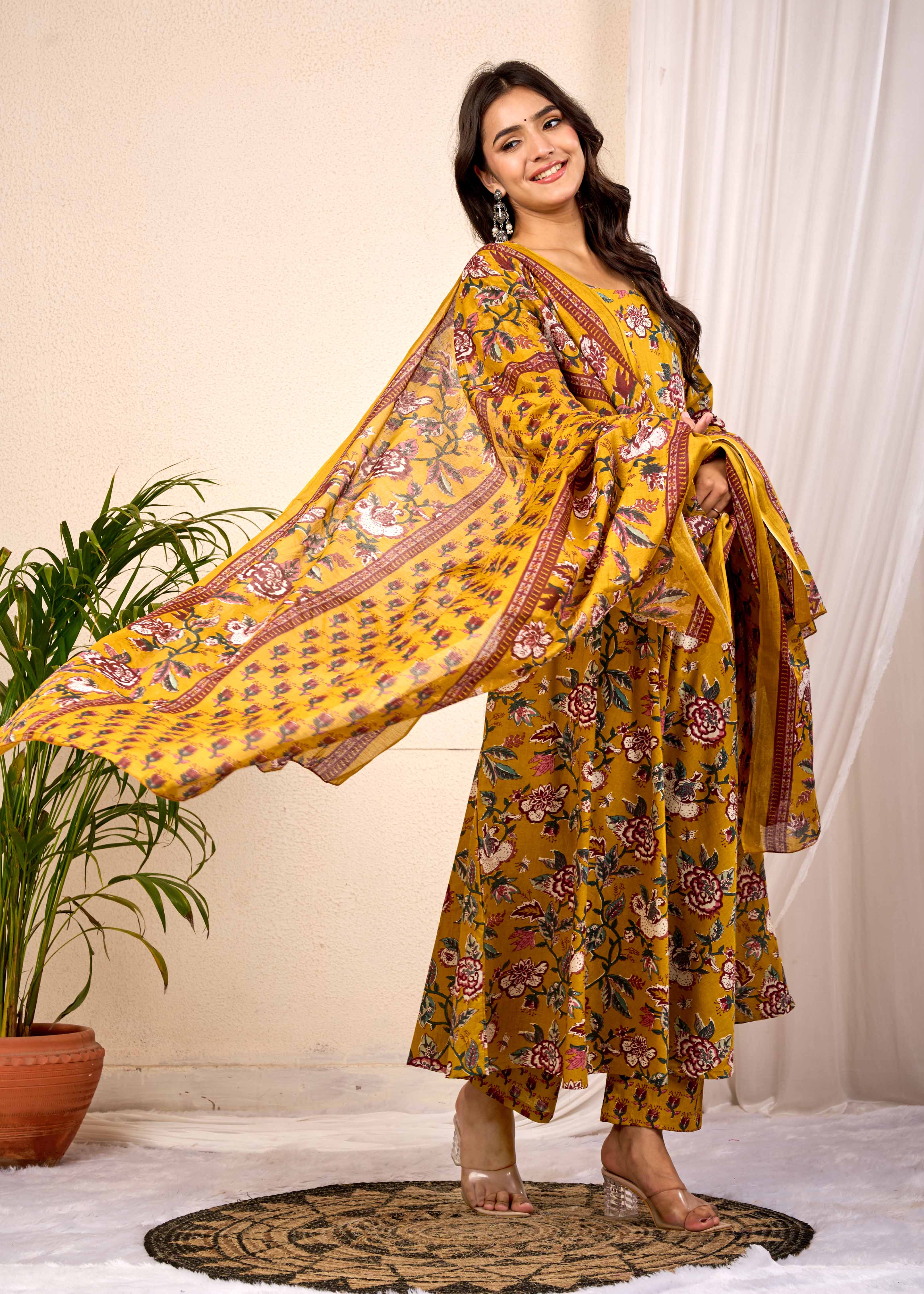 SUNLIGHT BLUSH HAND CRAFTED FLORAL ANARKALI COTTON SUIT SET