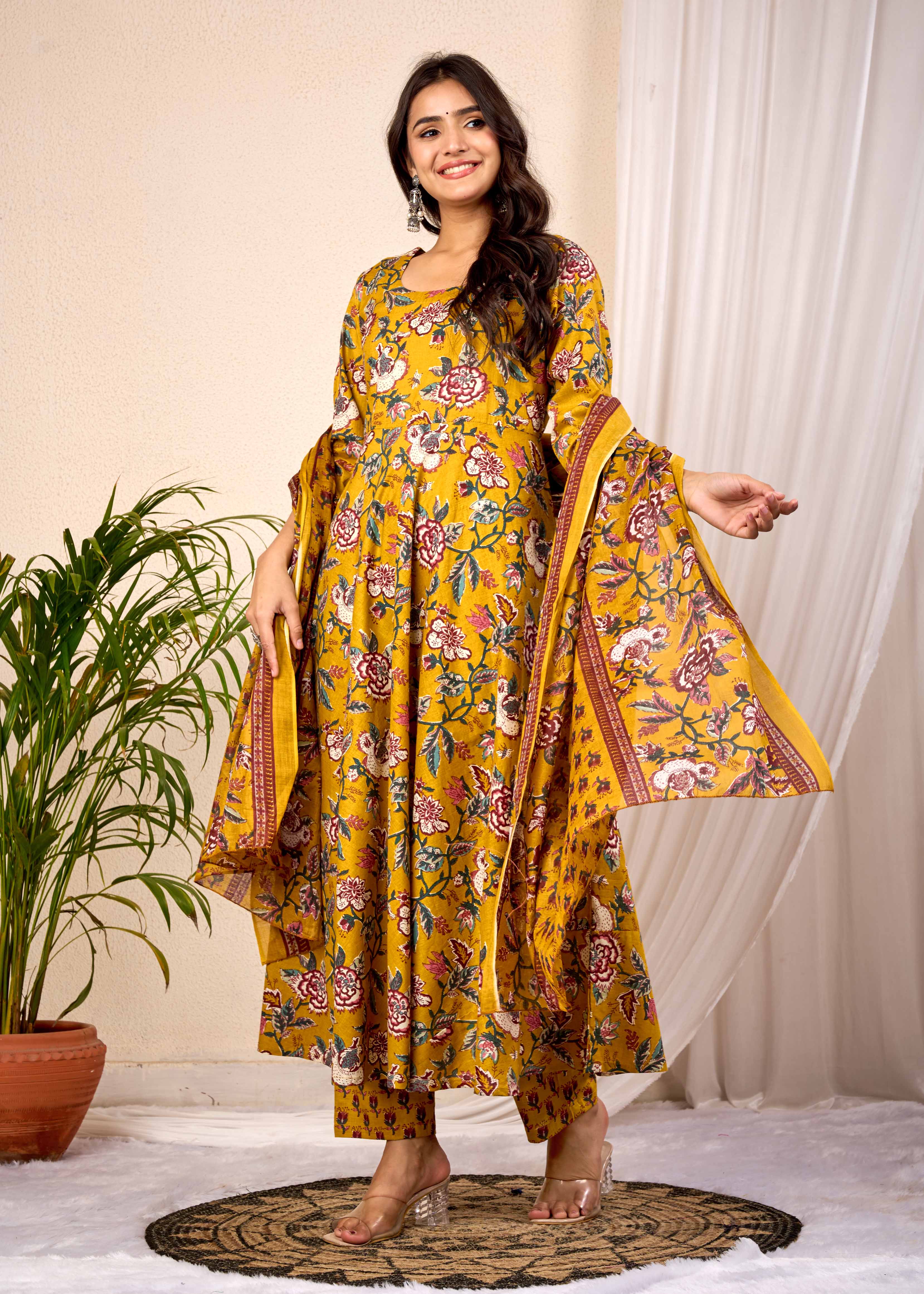 SUNLIGHT BLUSH HAND CRAFTED FLORAL ANARKALI COTTON SUIT SET