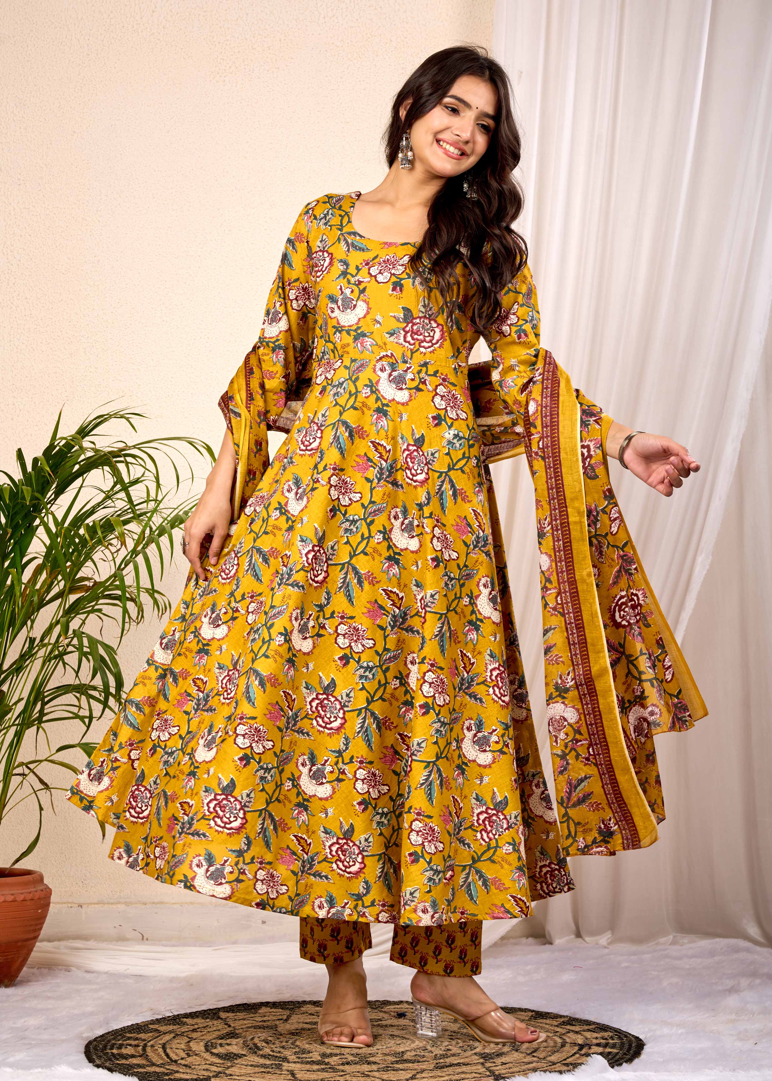 SUNLIGHT BLUSH HAND CRAFTED FLORAL ANARKALI COTTON SUIT SET