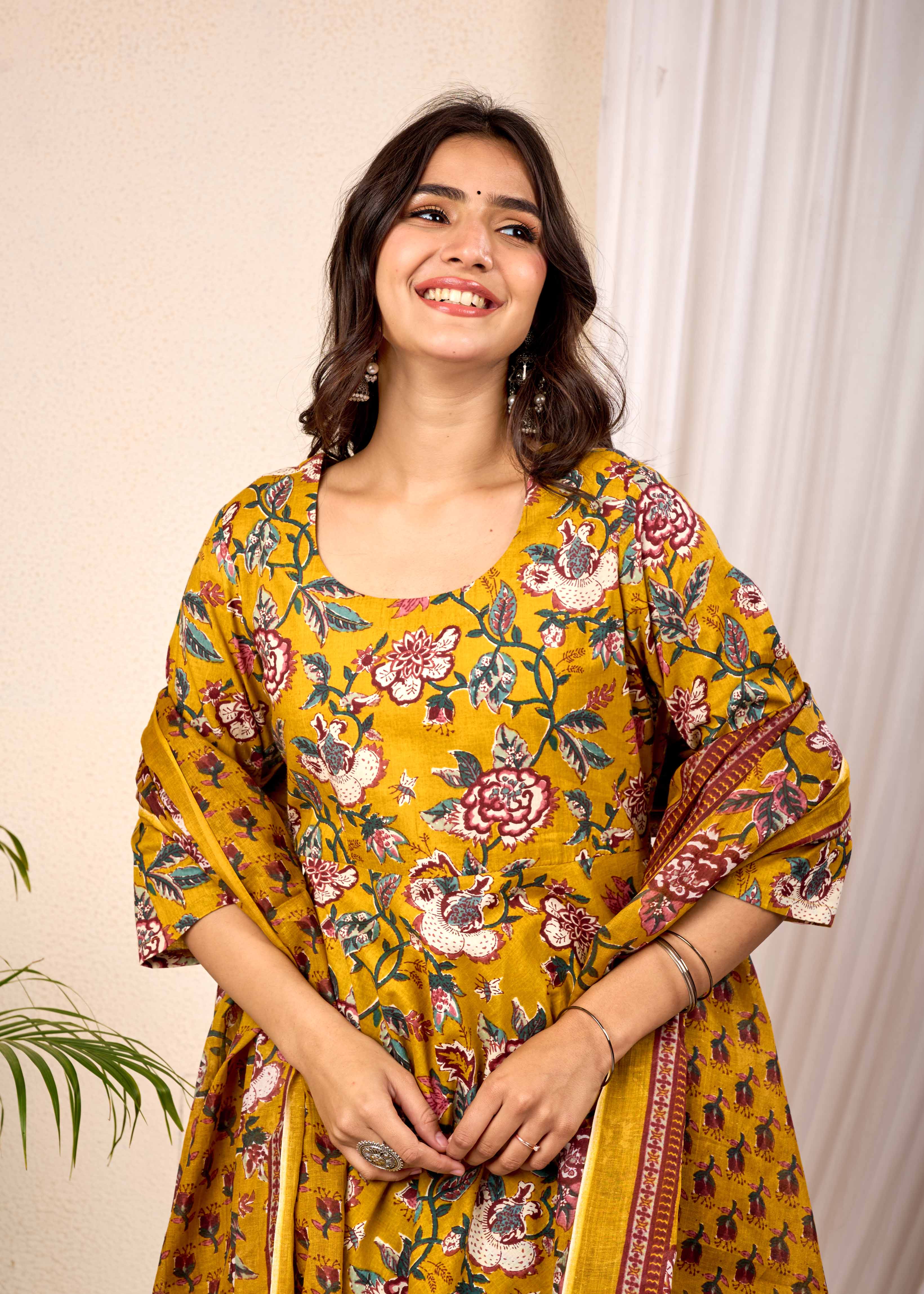 SUNLIGHT BLUSH HAND CRAFTED FLORAL ANARKALI COTTON SUIT SET