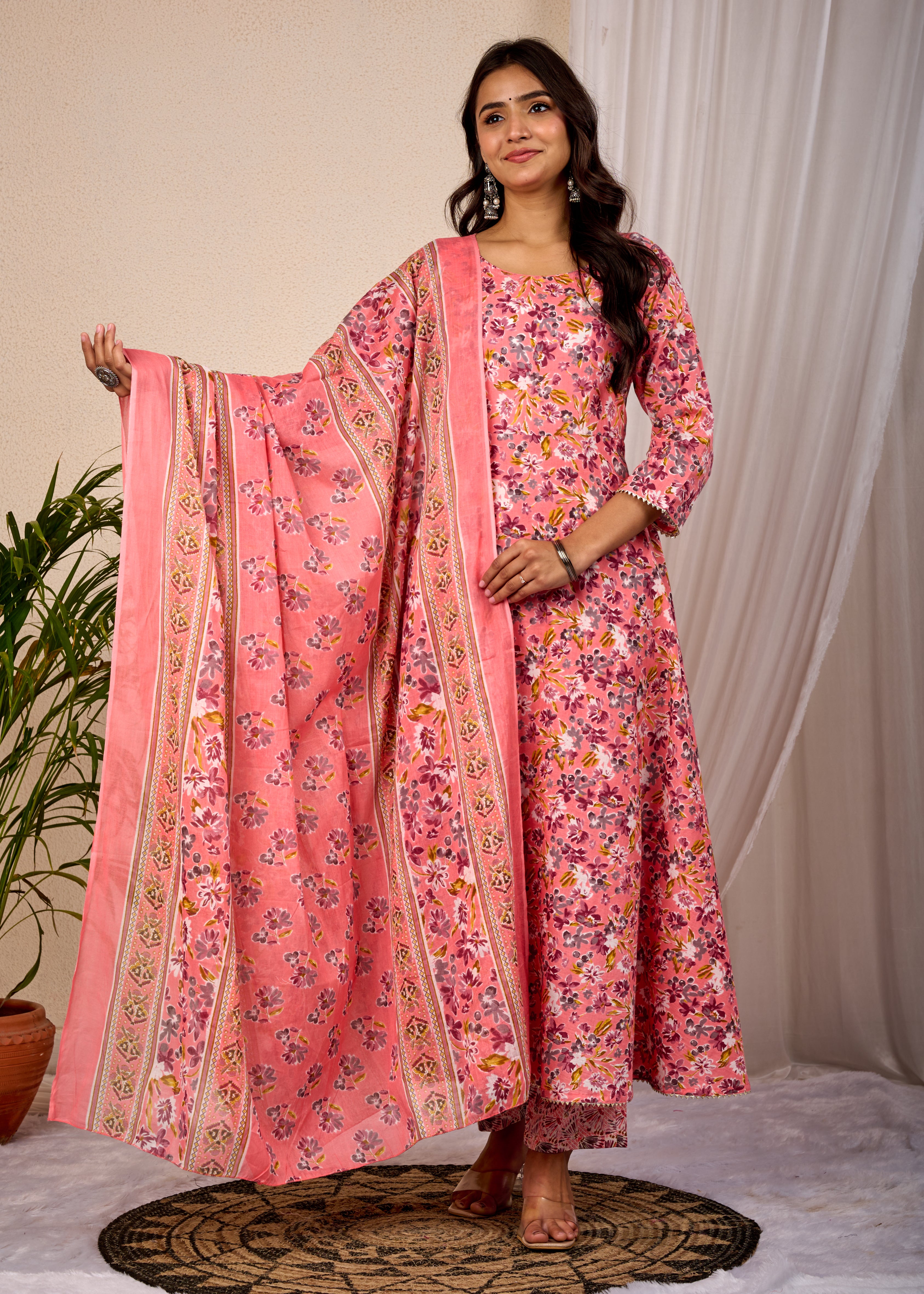 BALLON FLOWER HAND CRAFTED COTTON ANARKALI SUIT SET