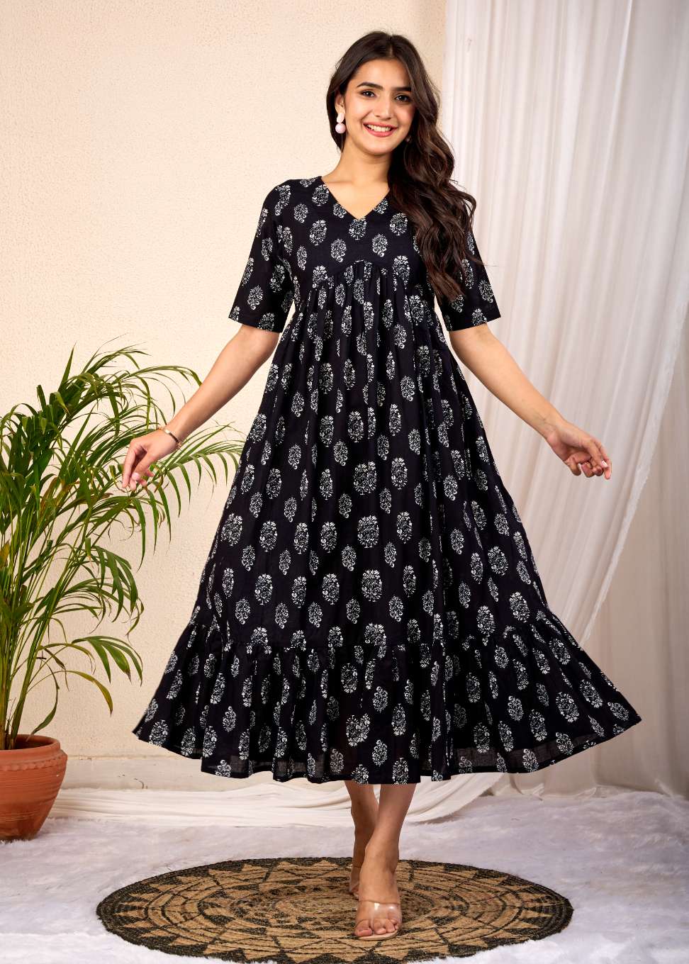 Women Floral Printed Flared Midi Dress