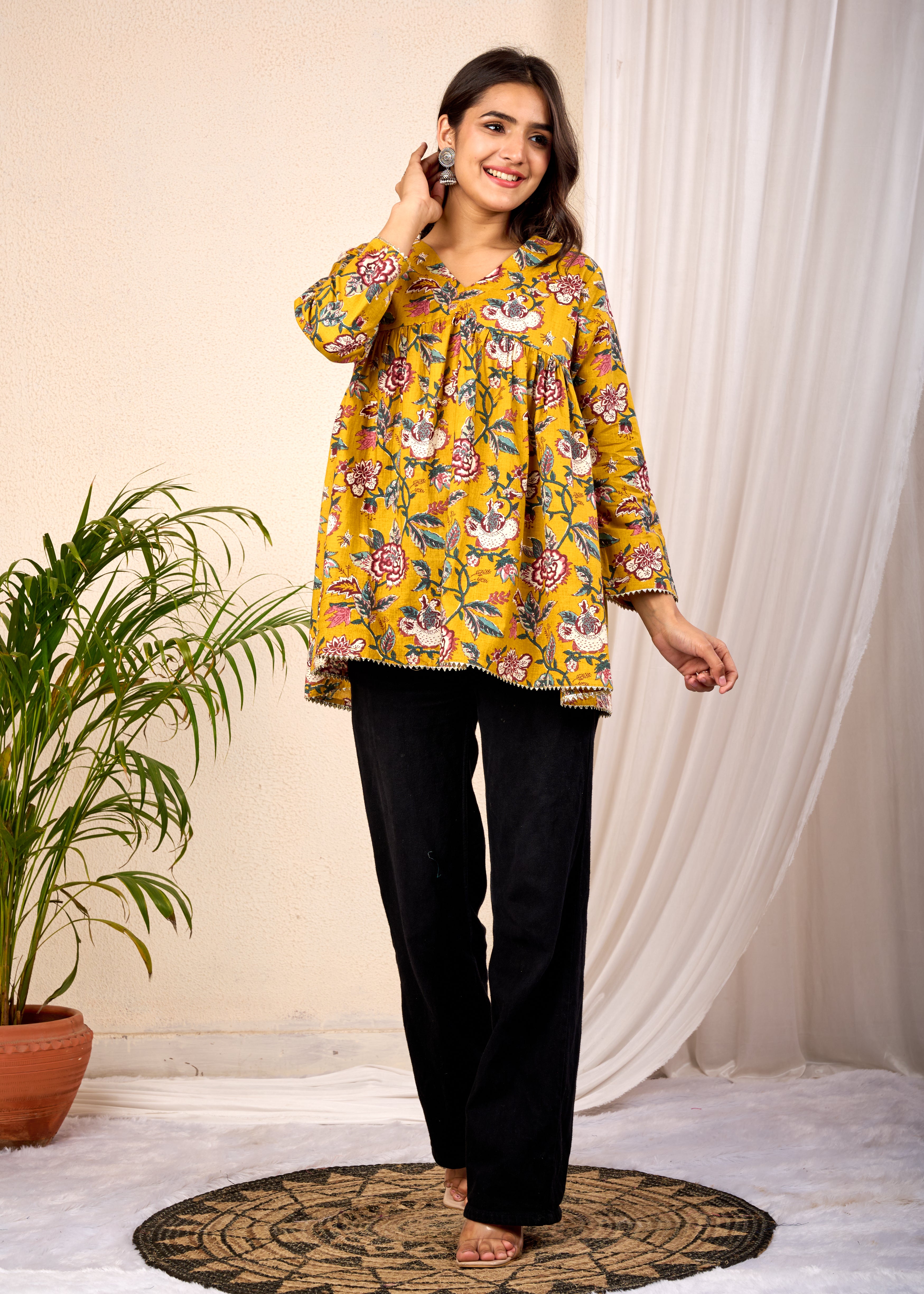 VEDIC MUSTARD HAND CRAFTED COTTON PEPLUM TOP