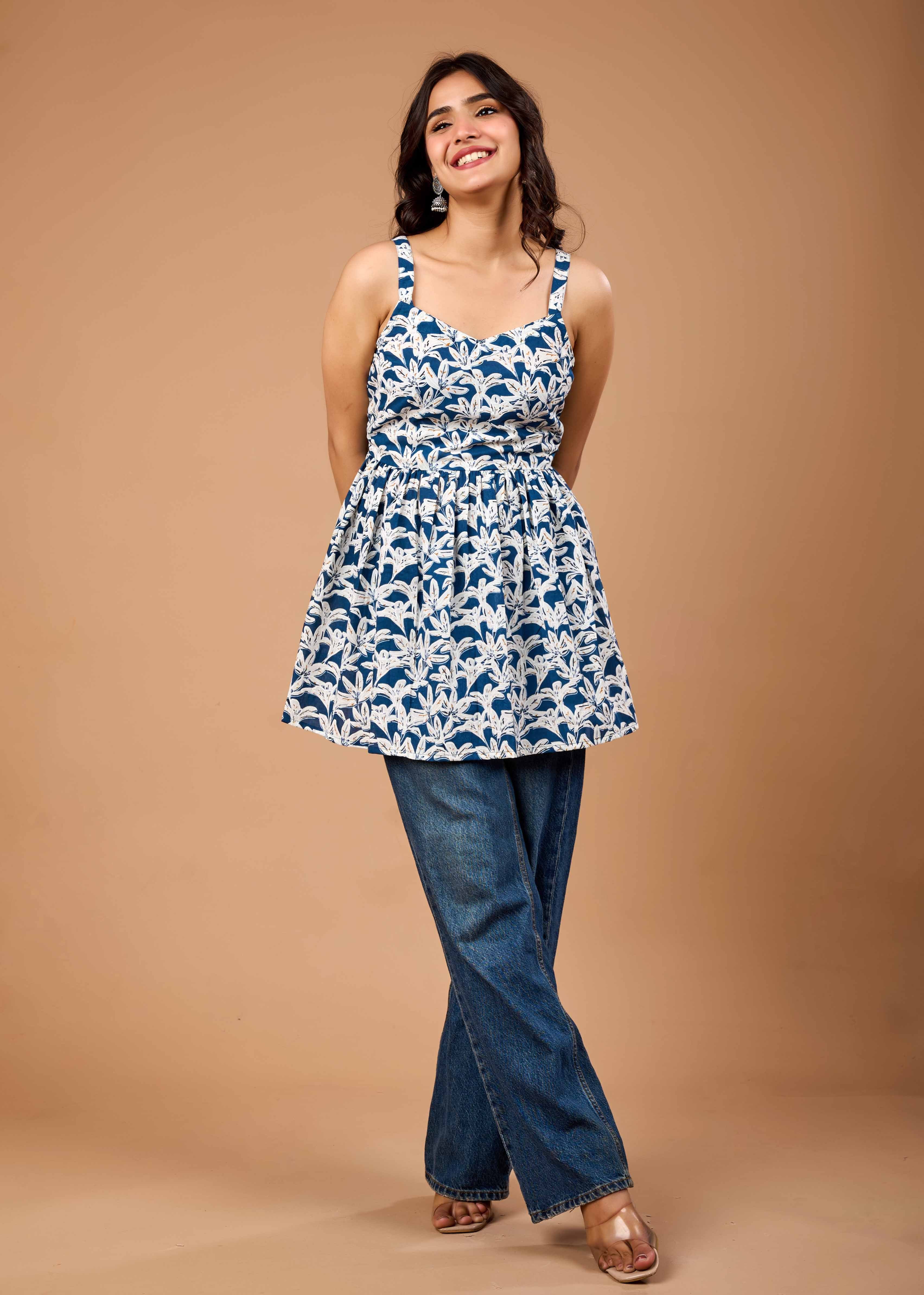 RAFFIA BLUE HAND CRAFTED COTTON PEPLUM TOP