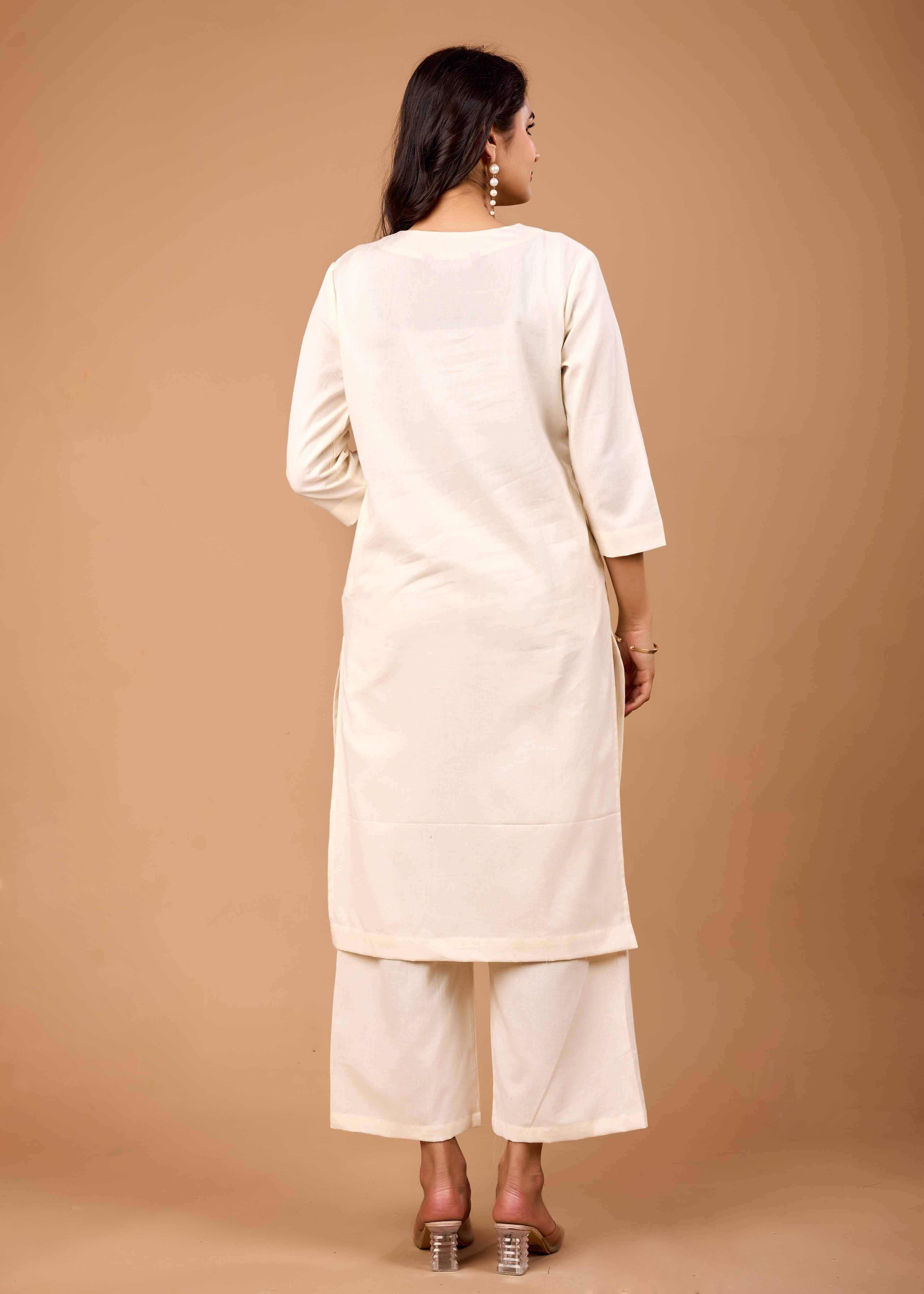 Women Off White Airy Linen Kurta with Trousers