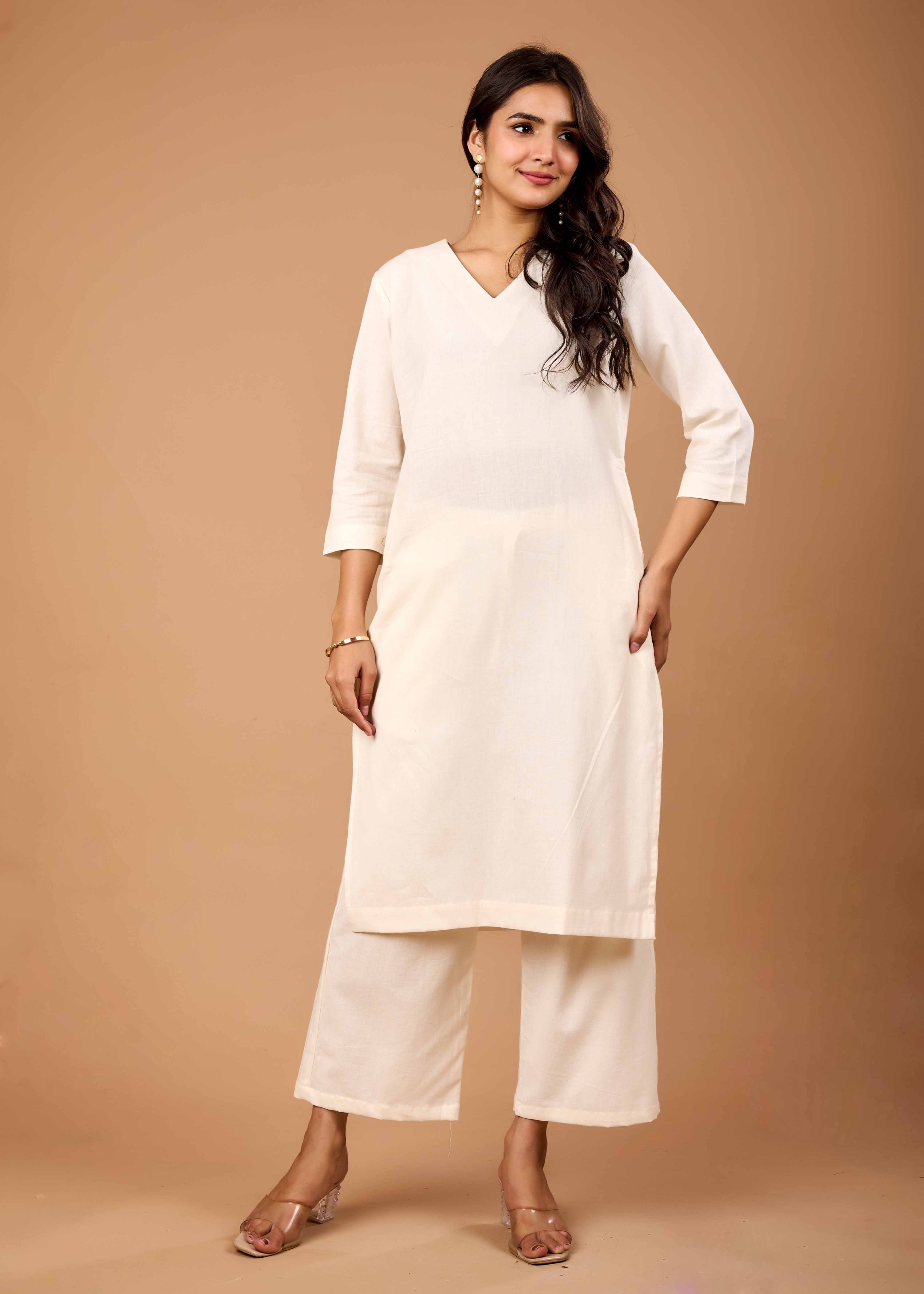 Women Off White Airy Linen Kurta with Trousers