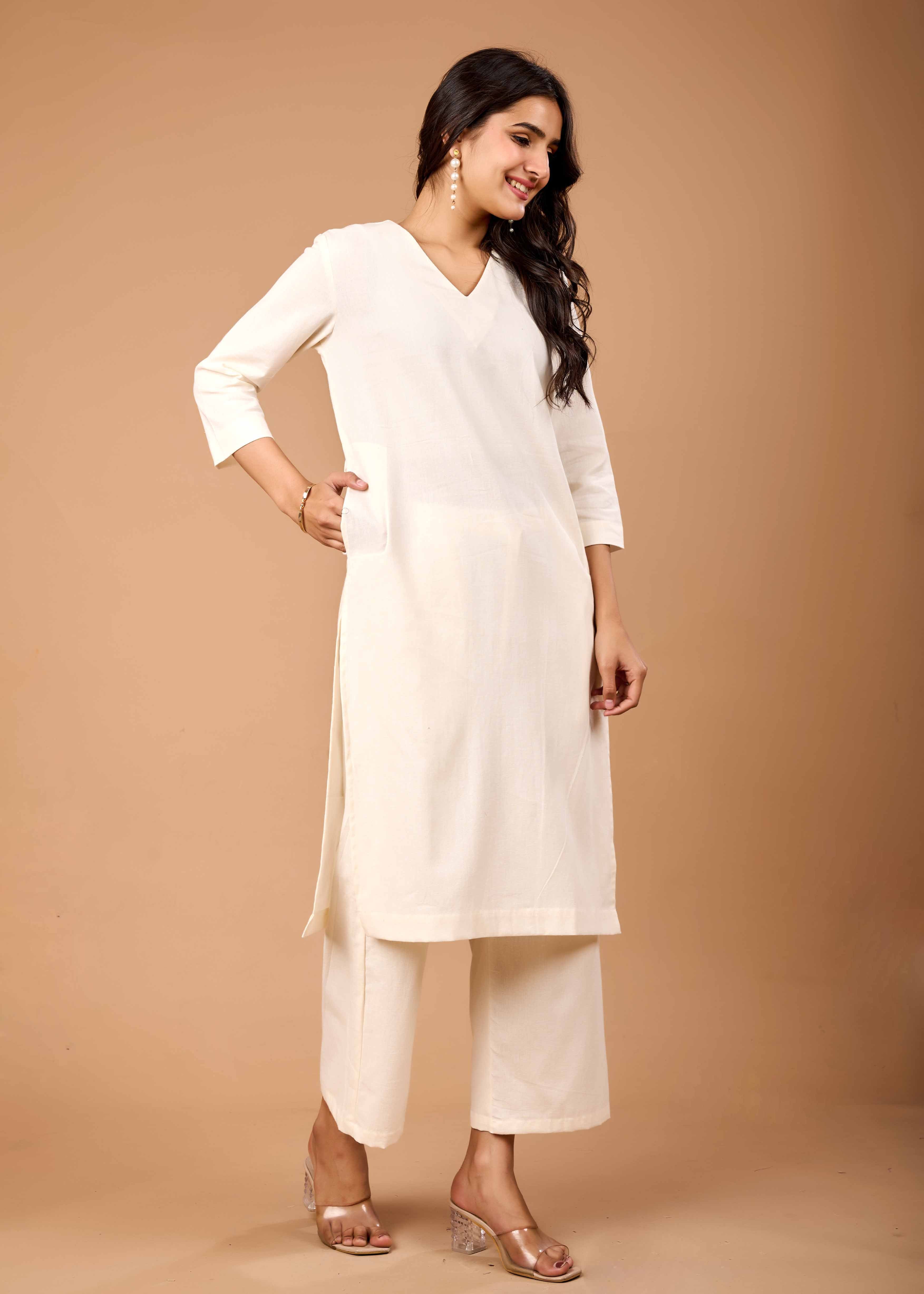 Women Off White Airy Linen Kurta with Trousers