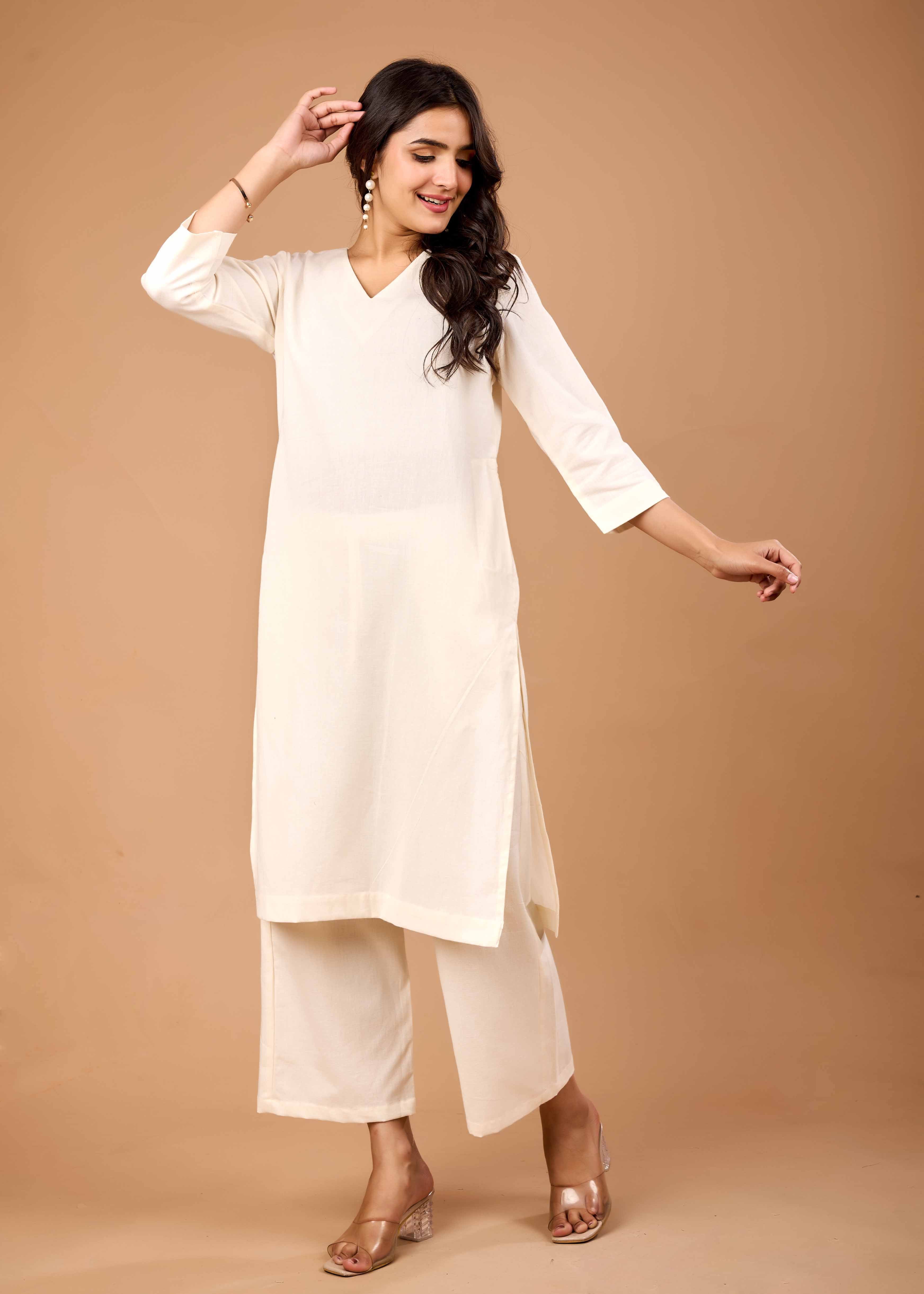 Women Off White Airy Linen Kurta with Trousers