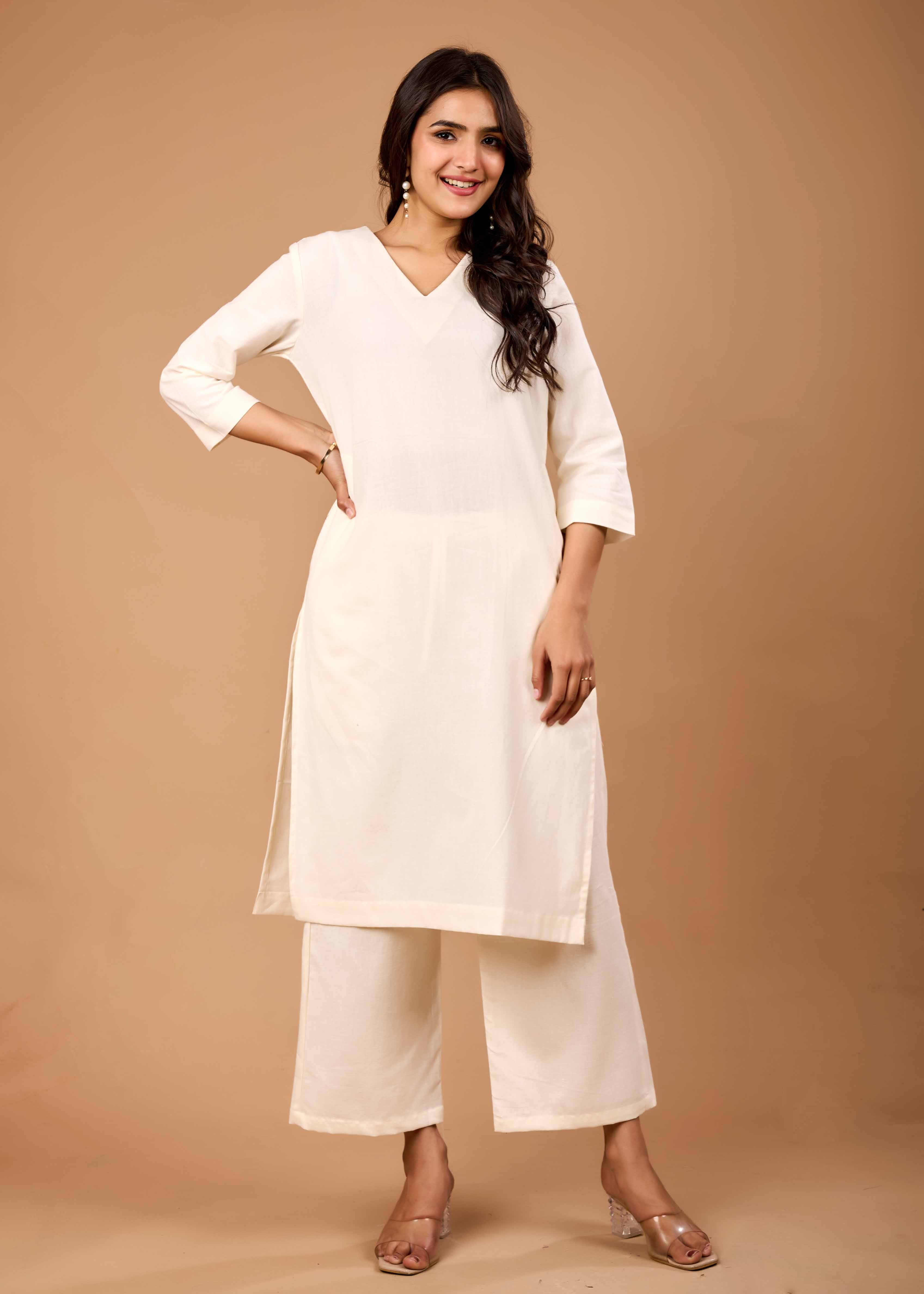 Women Off White Airy Linen Kurta with Trousers