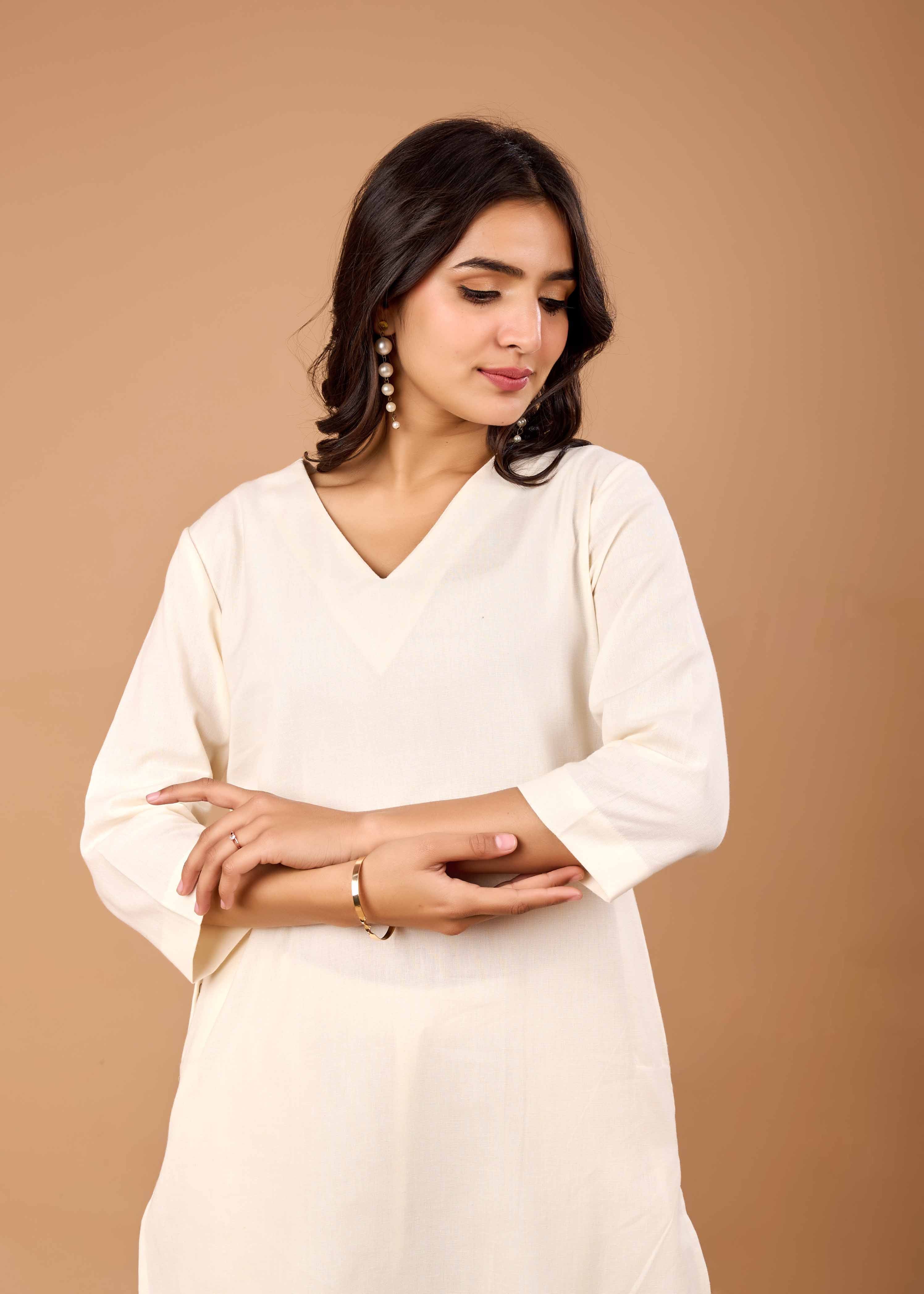 Women Off White Airy Linen Kurta with Trousers