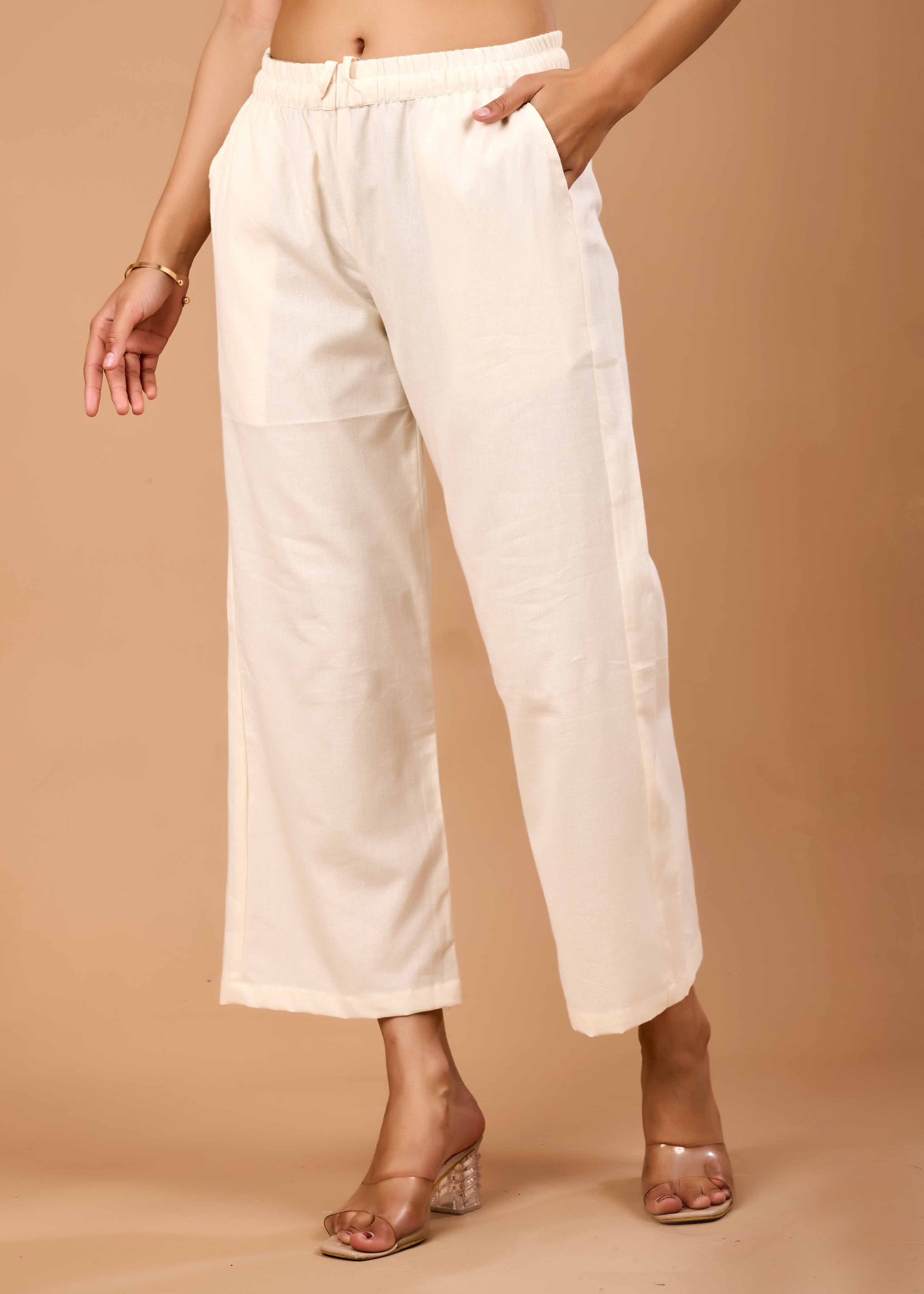 Women Off White Airy Linen Kurta with Trousers