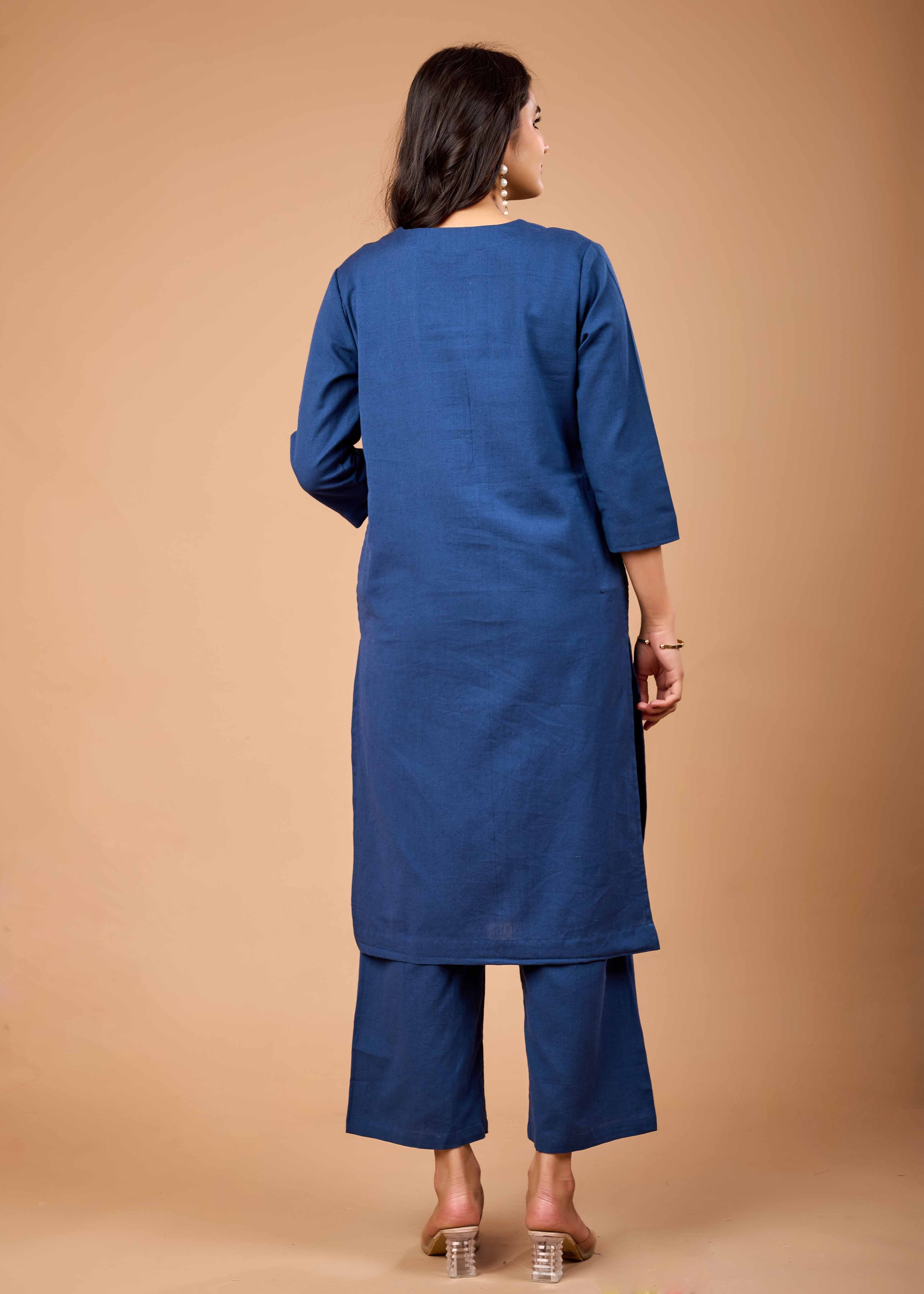 Women Navy Blue Airy Linen Kurta with Trousers