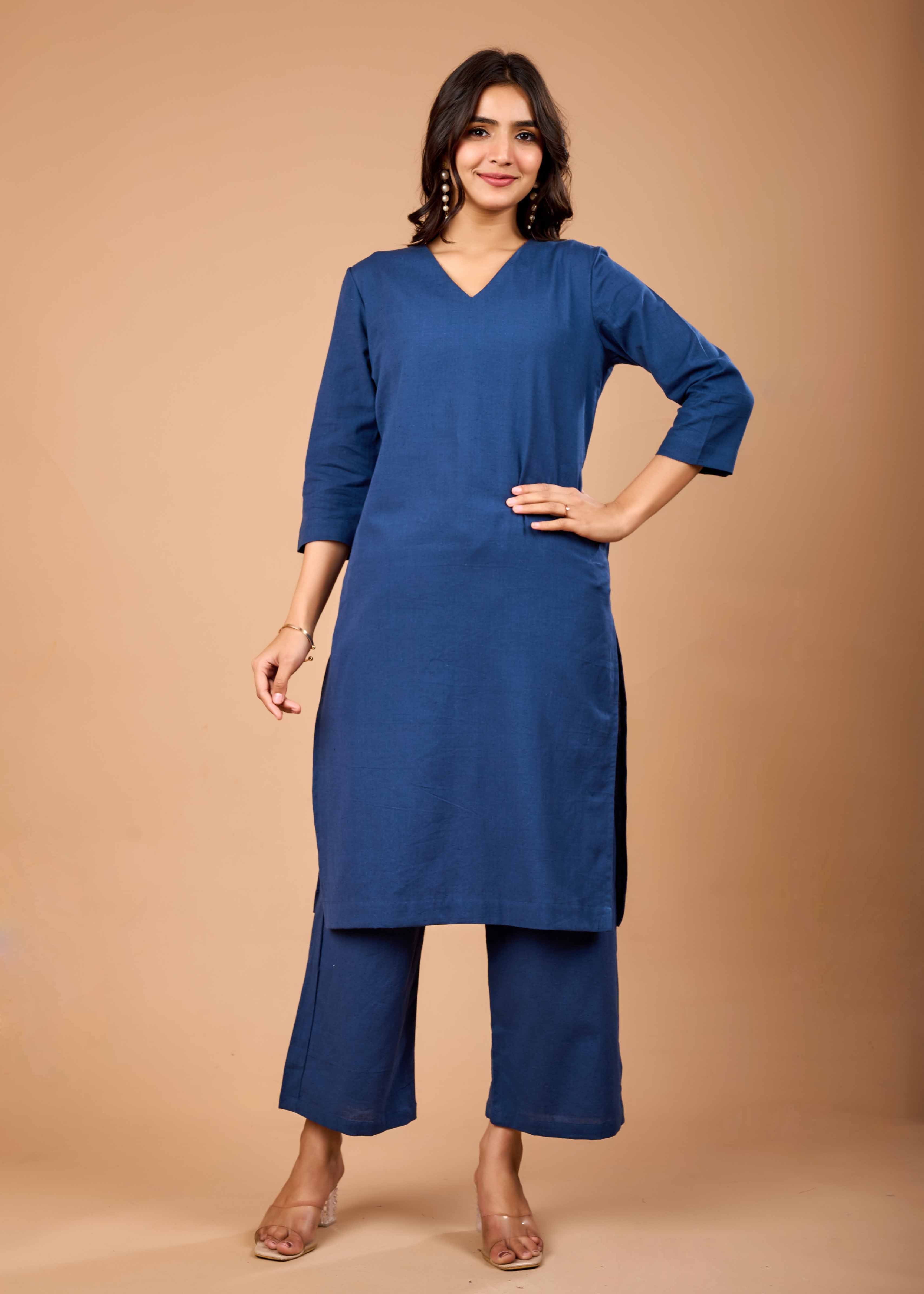 Women Navy Blue Airy Linen Kurta with Trousers