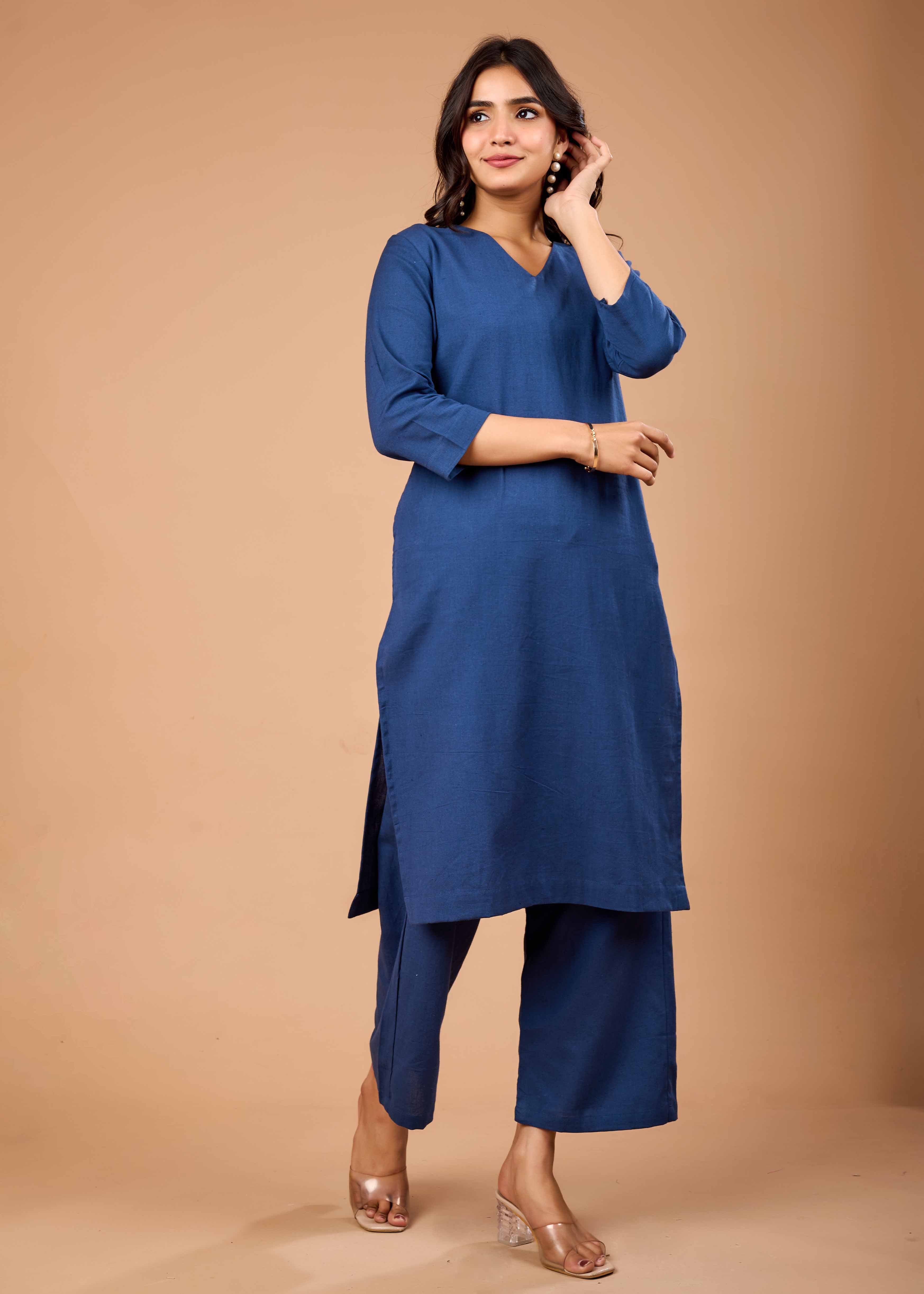 Women Navy Blue Airy Linen Kurta with Trousers
