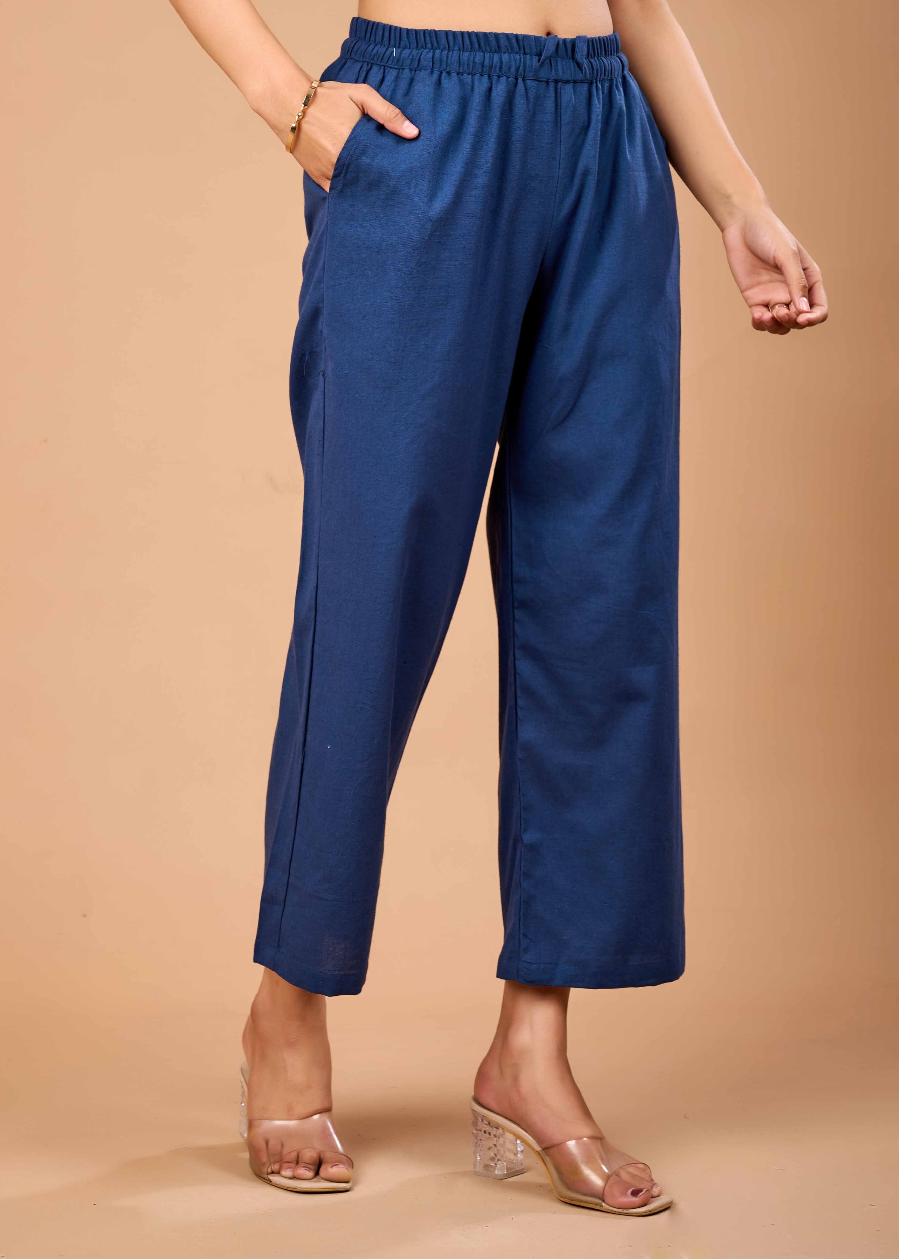 Women Navy Blue Airy Linen Kurta with Trousers