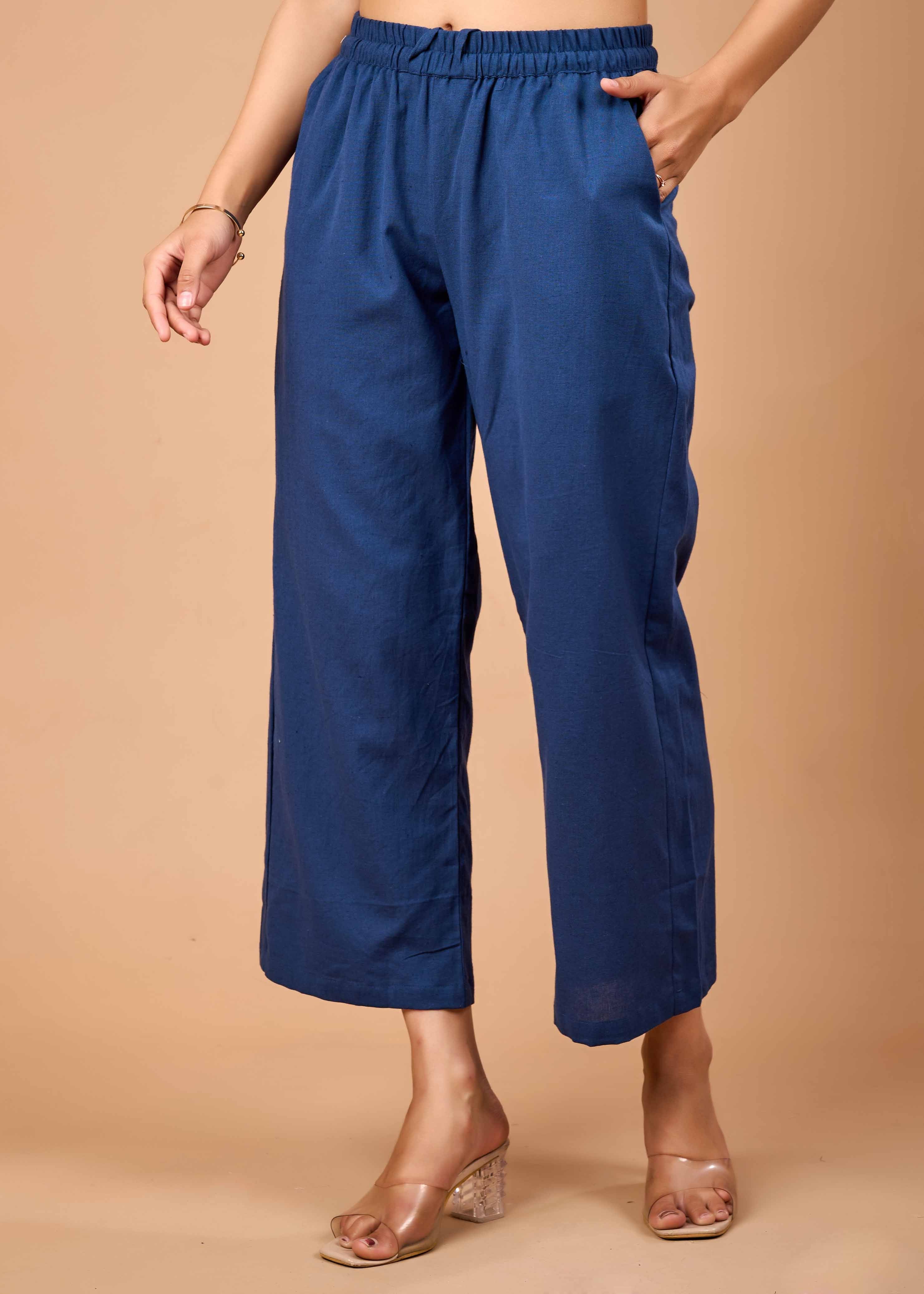 Women Navy Blue Airy Linen Kurta with Trousers