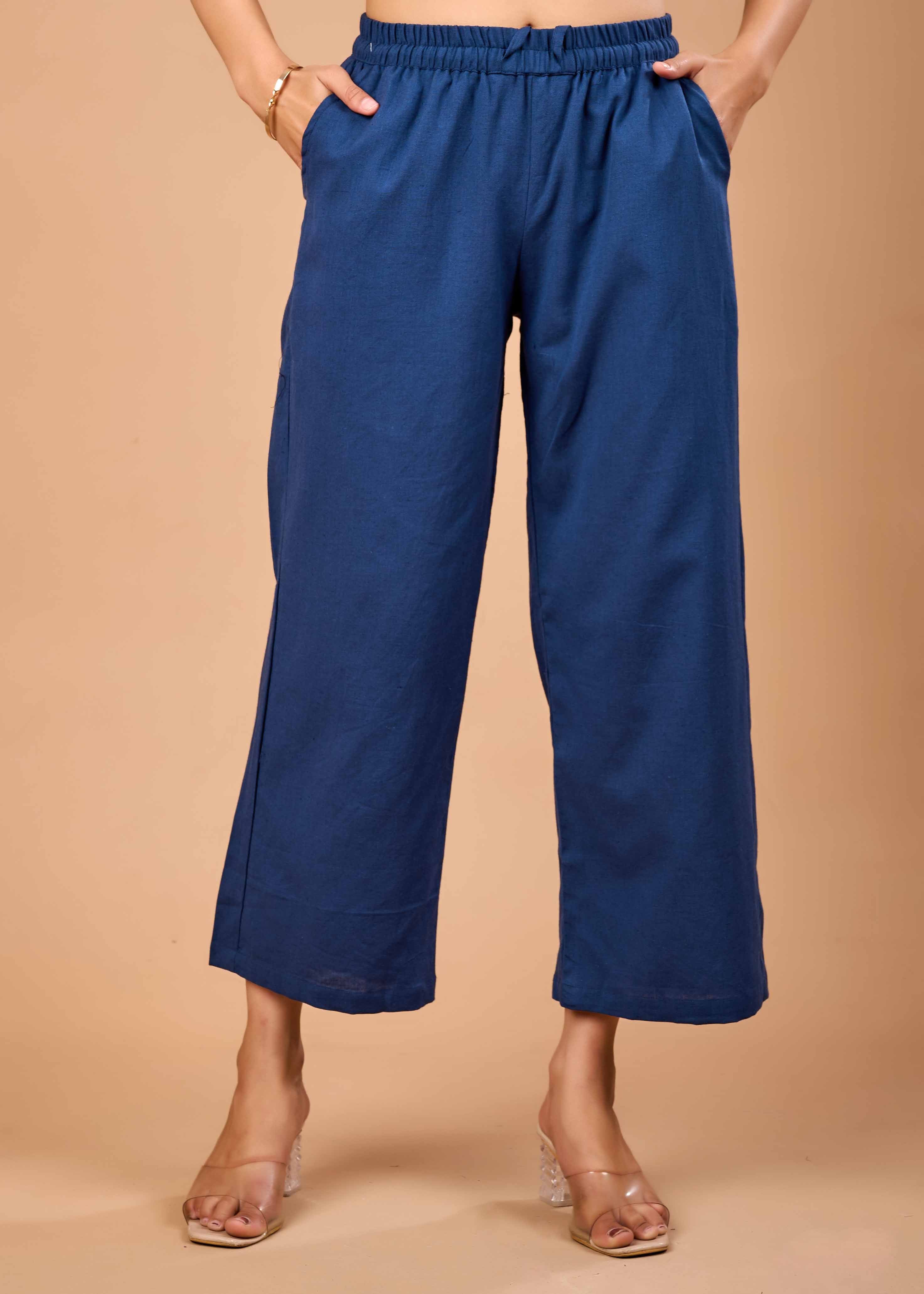 Women Navy Blue Airy Linen Kurta with Trousers