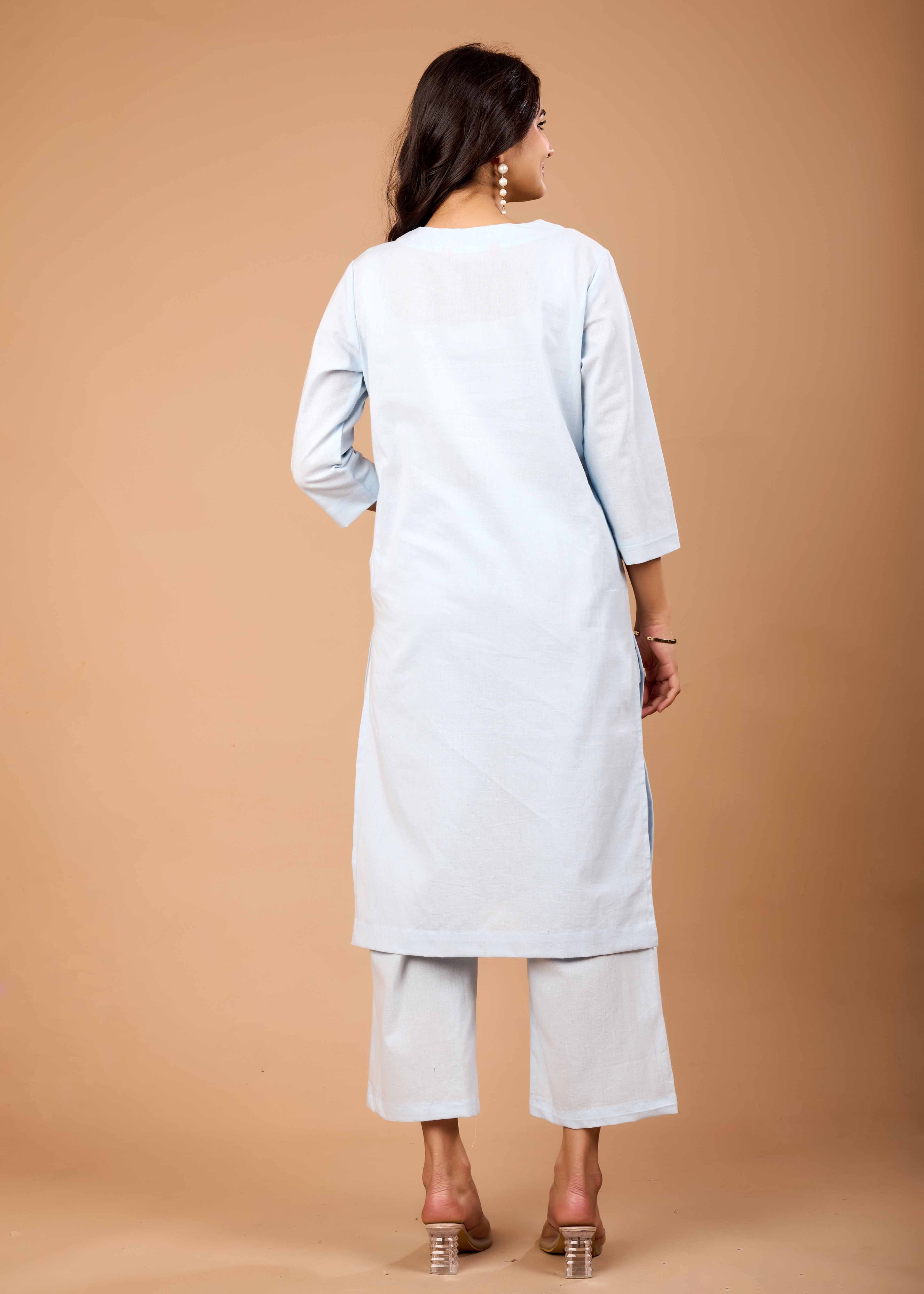 Women Sky Blue Airy Linen Kurta with Trousers