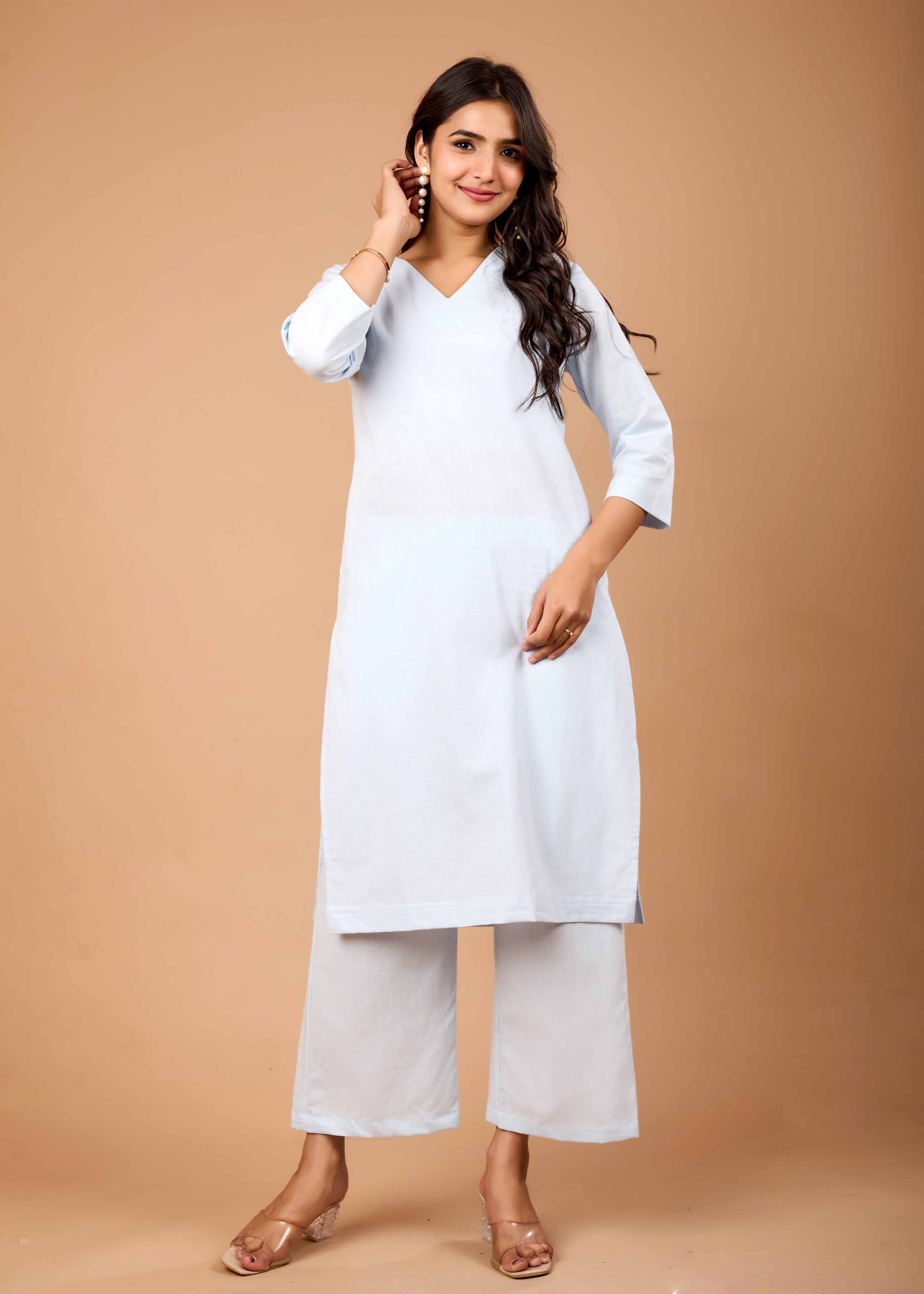 Women Sky Blue Airy Linen Kurta with Trousers
