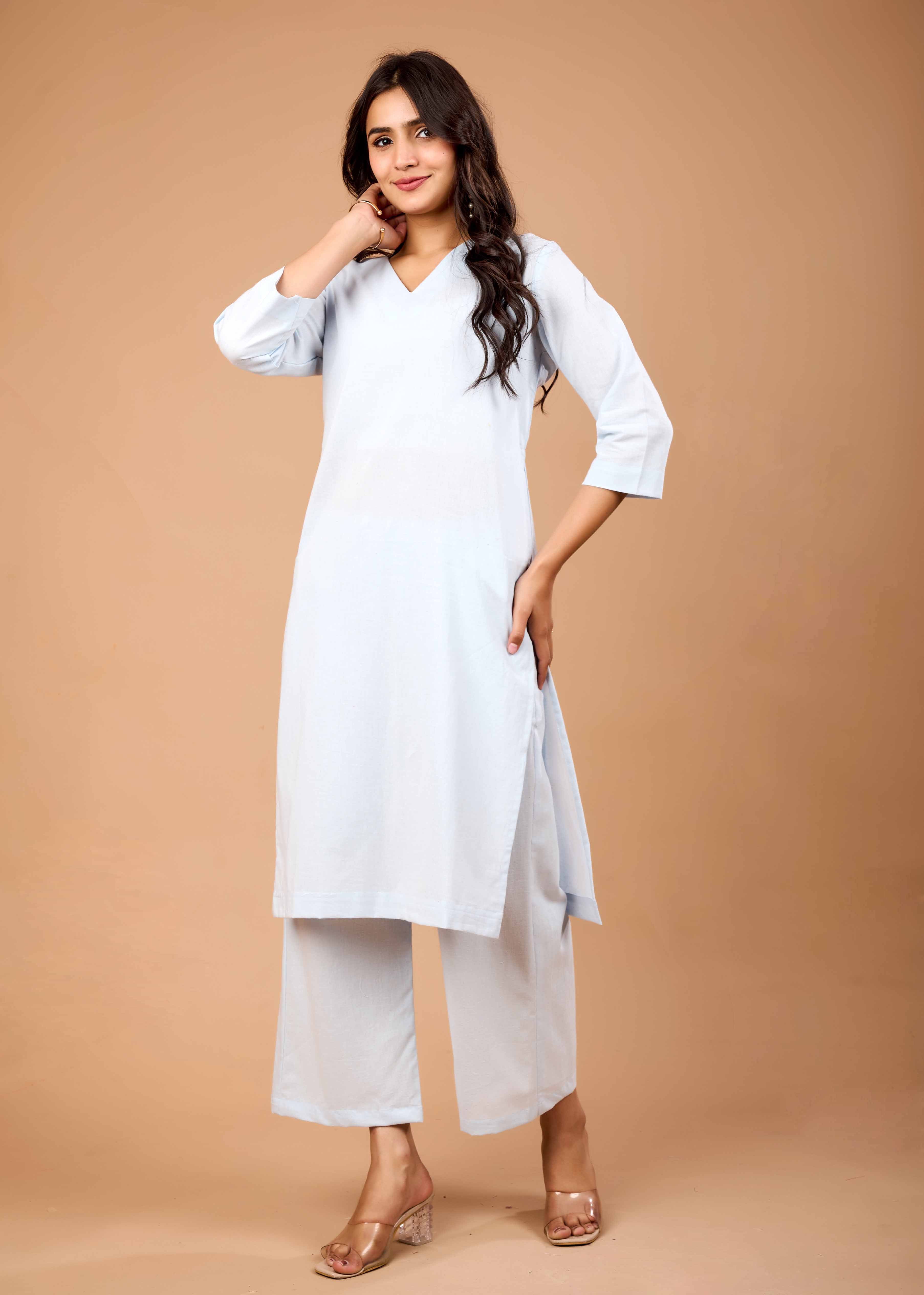 Women Sky Blue Airy Linen Kurta with Trousers