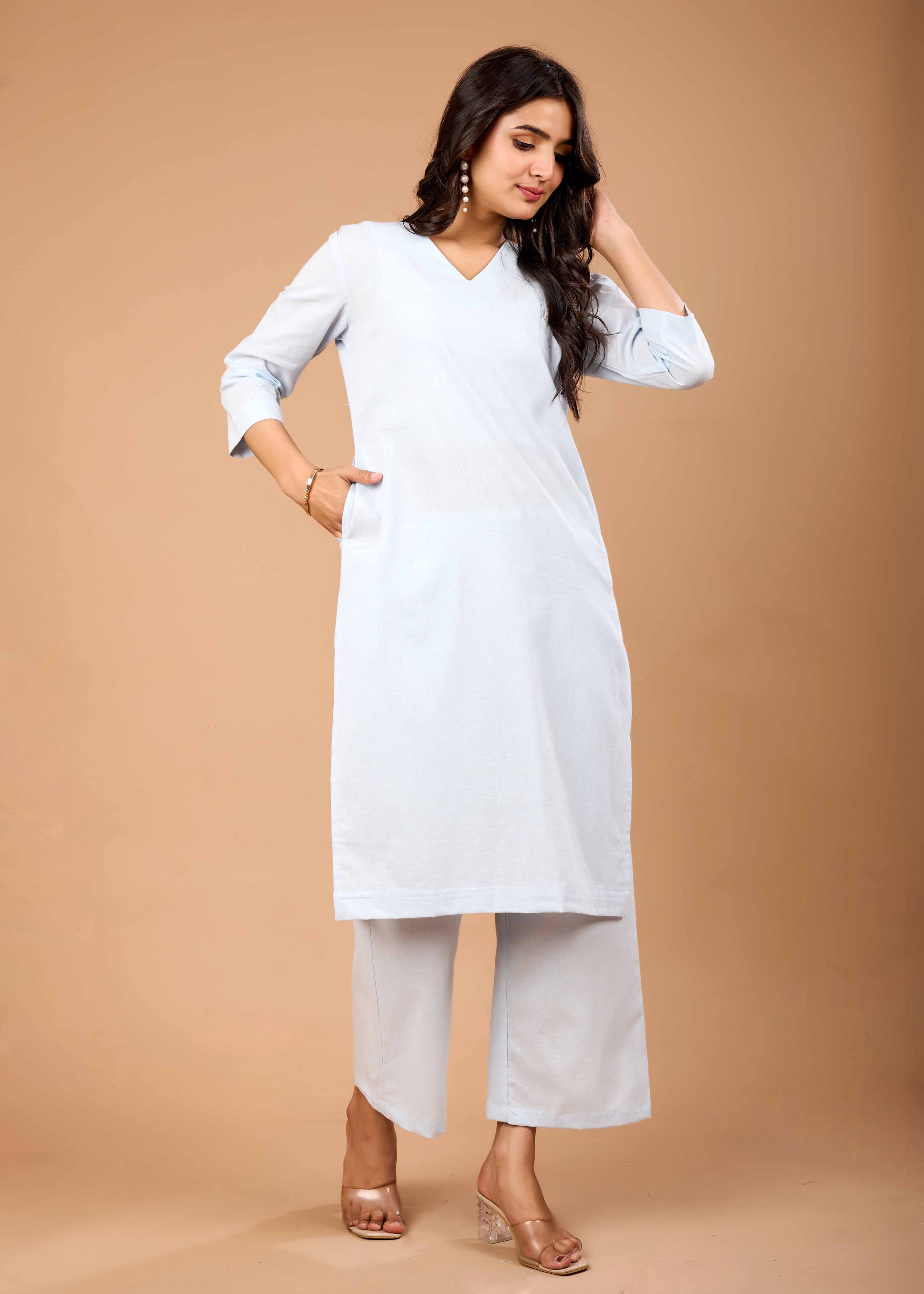 Women Sky Blue Airy Linen Kurta with Trousers