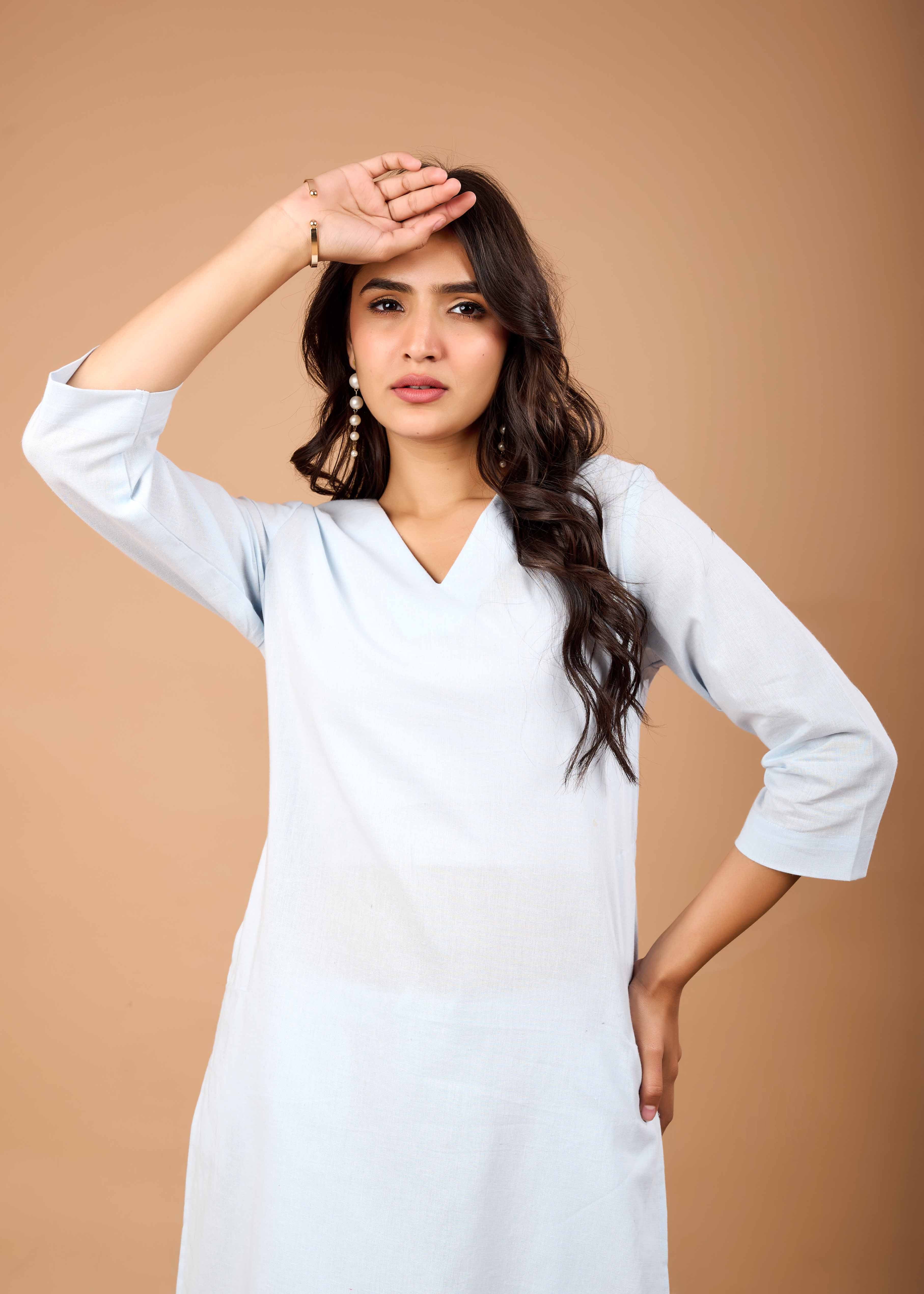 Women Sky Blue Airy Linen Kurta with Trousers