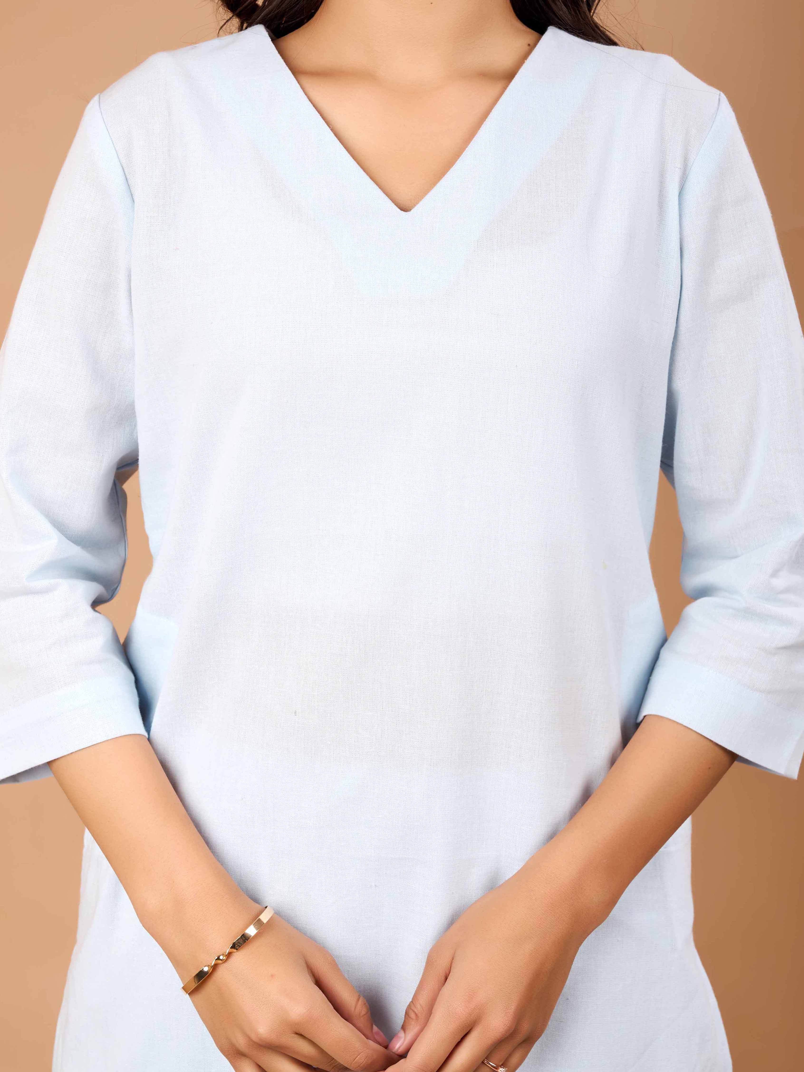 Women Sky Blue Airy Linen Kurta with Trousers
