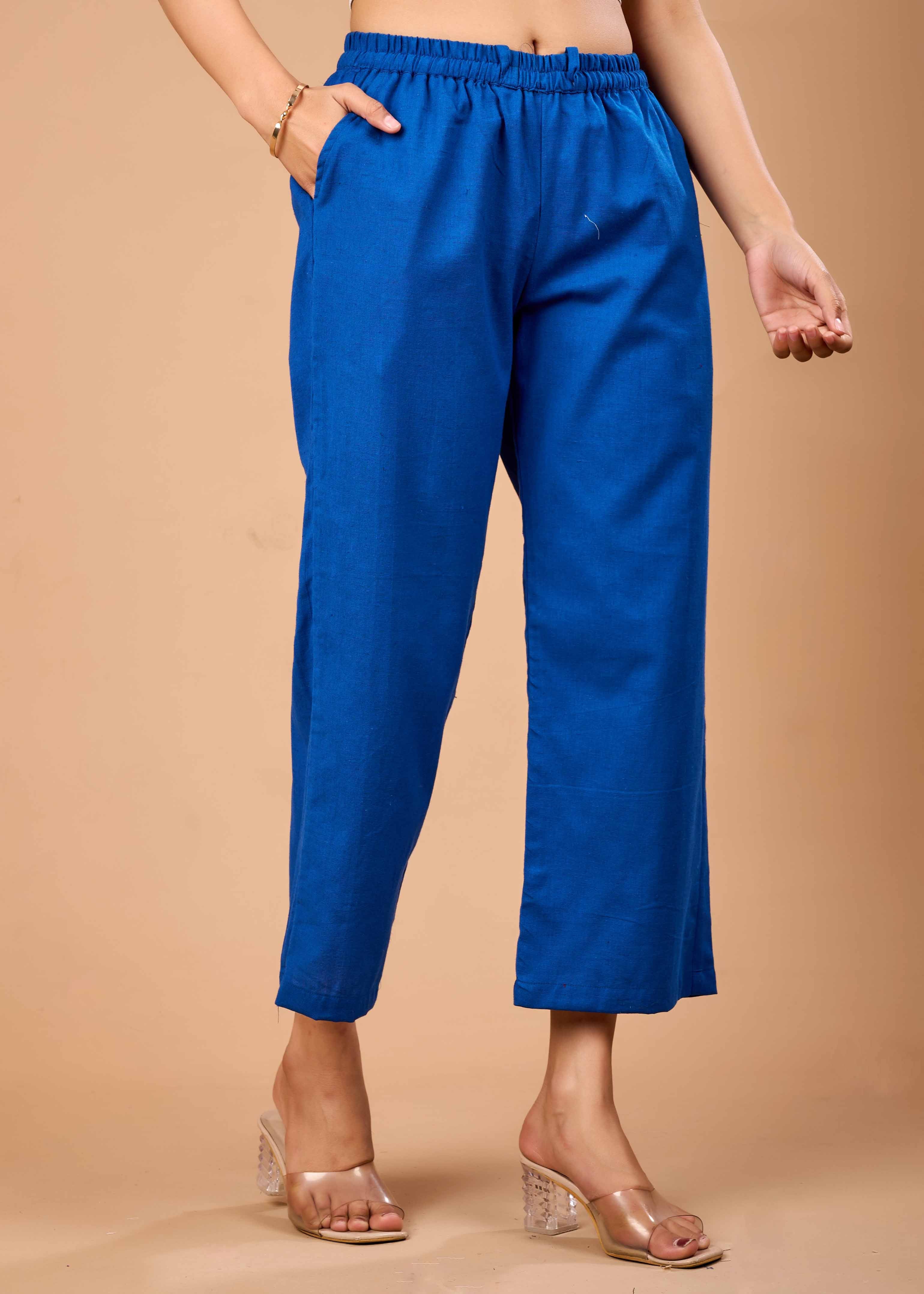 Women Blue Airy Linen Kurta with Trousers