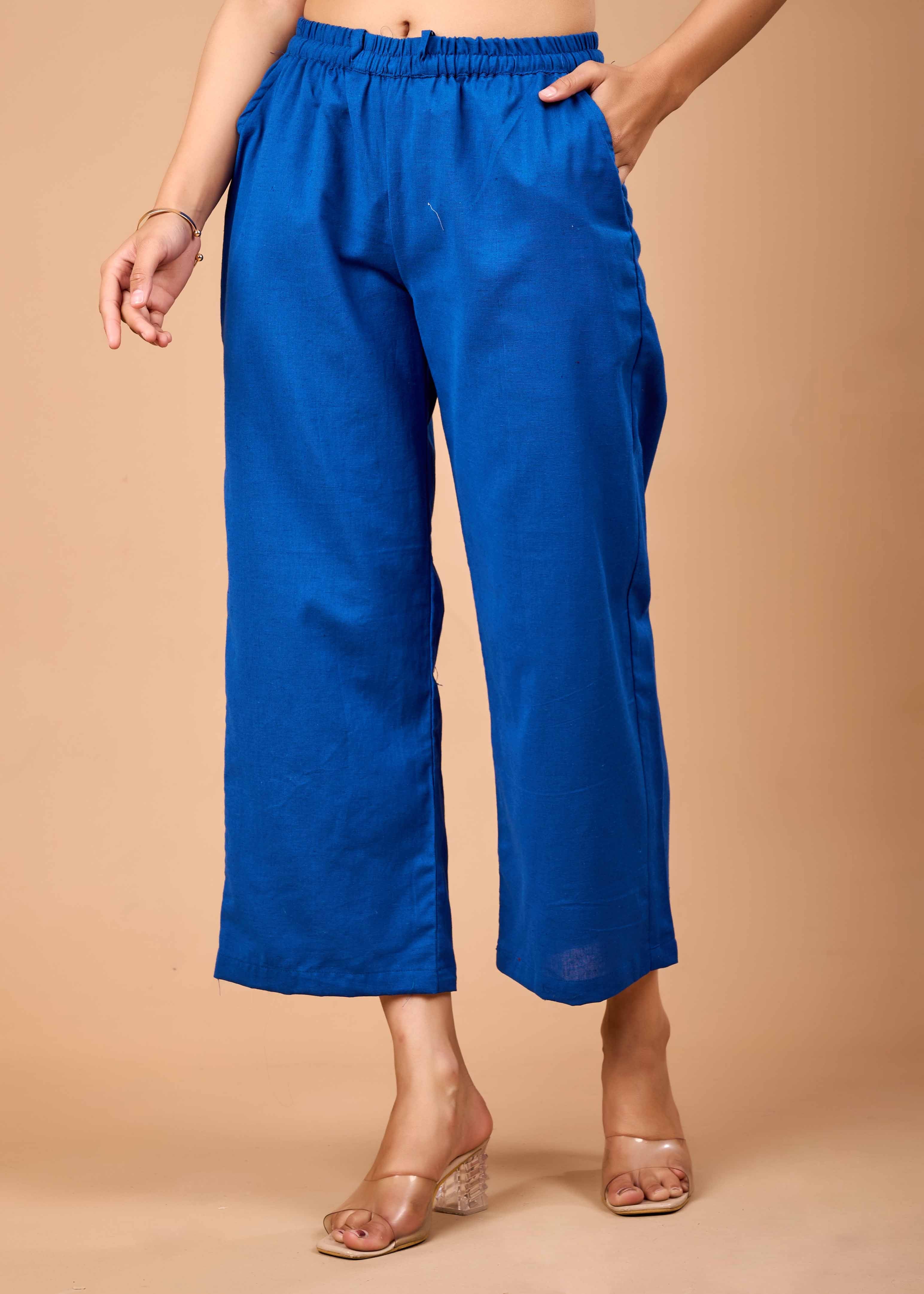 Women Blue Airy Linen Kurta with Trousers