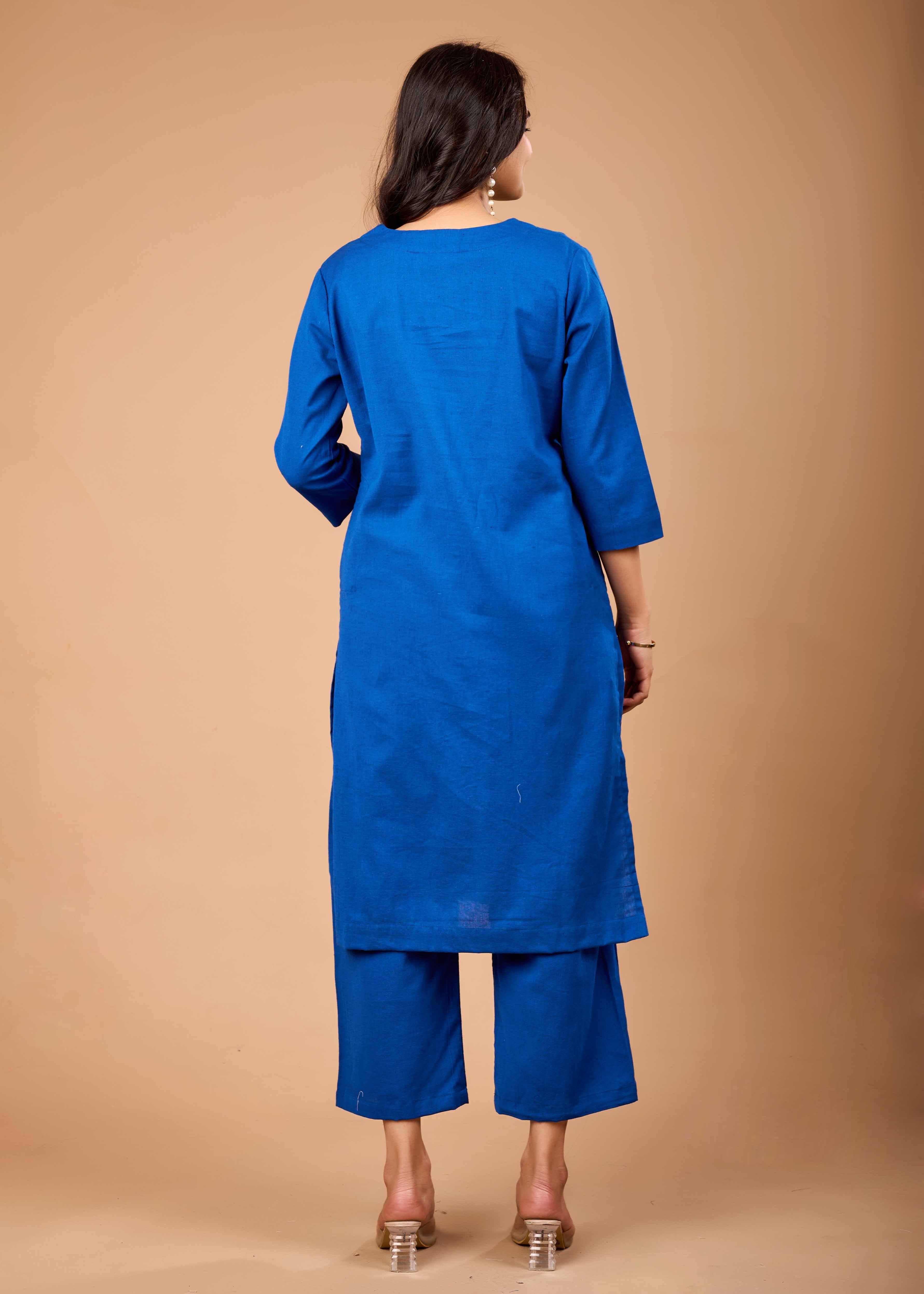 Women Blue Airy Linen Kurta with Trousers