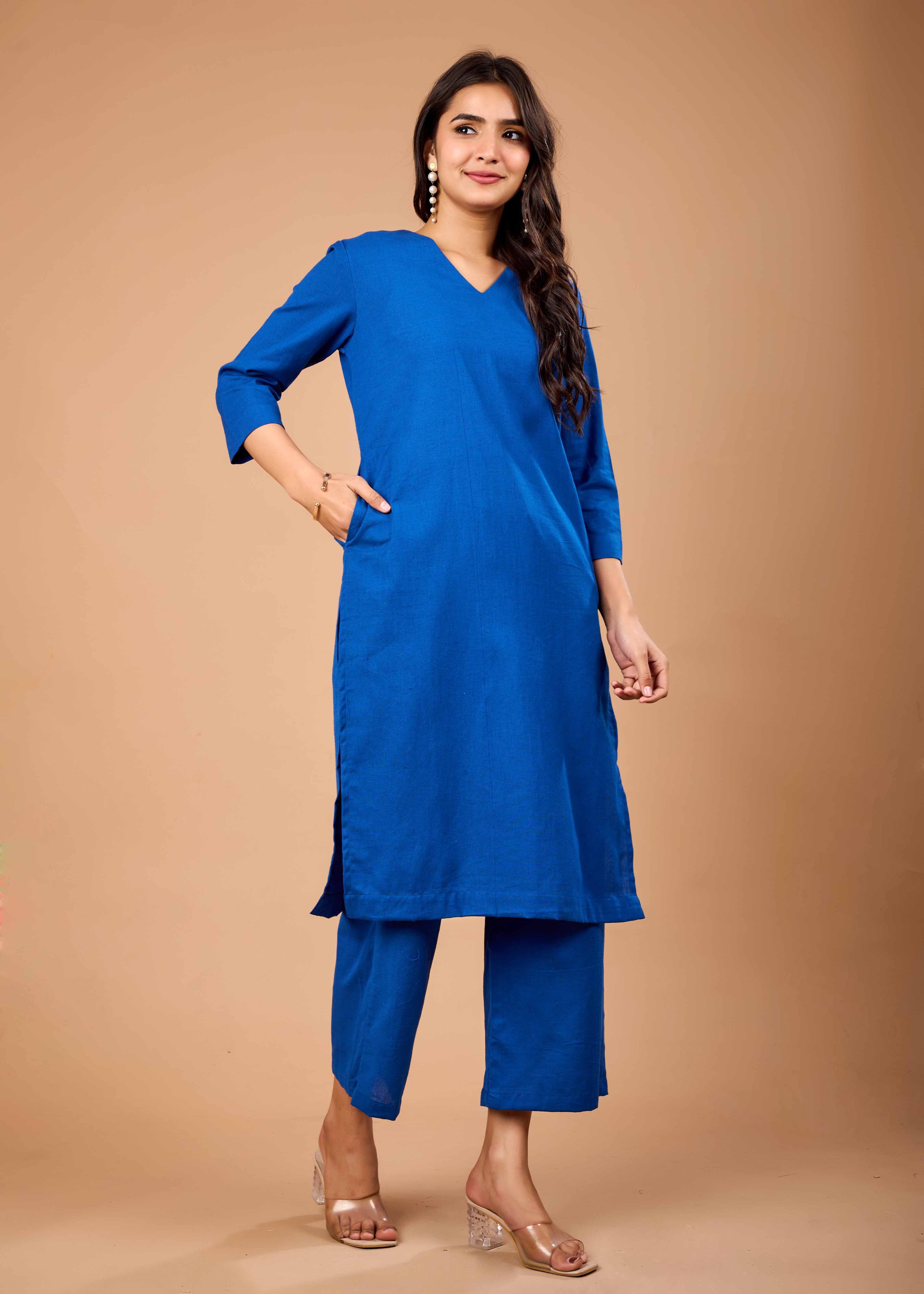 Women Blue Airy Linen Kurta with Trousers