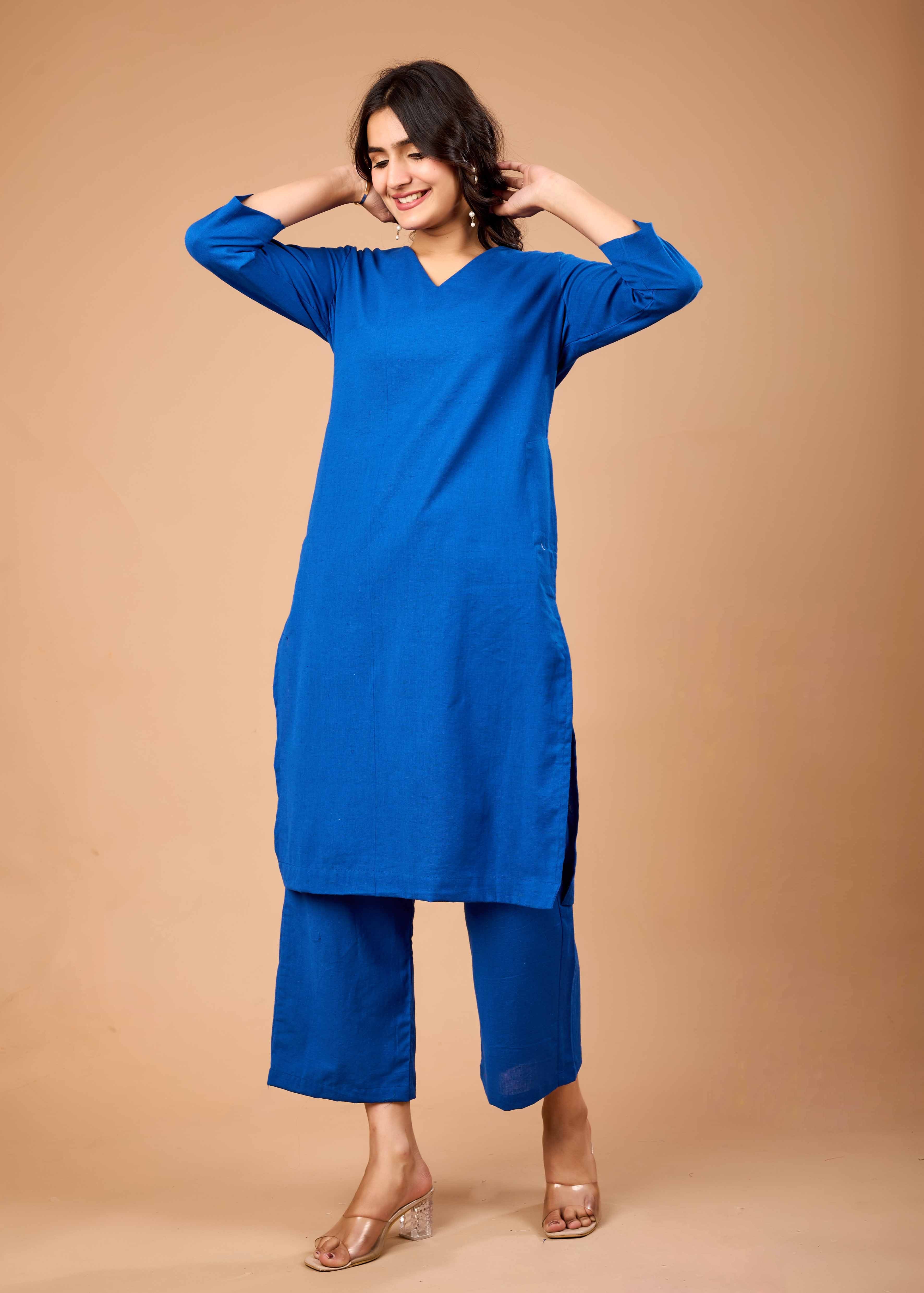 Women Blue Airy Linen Kurta with Trousers