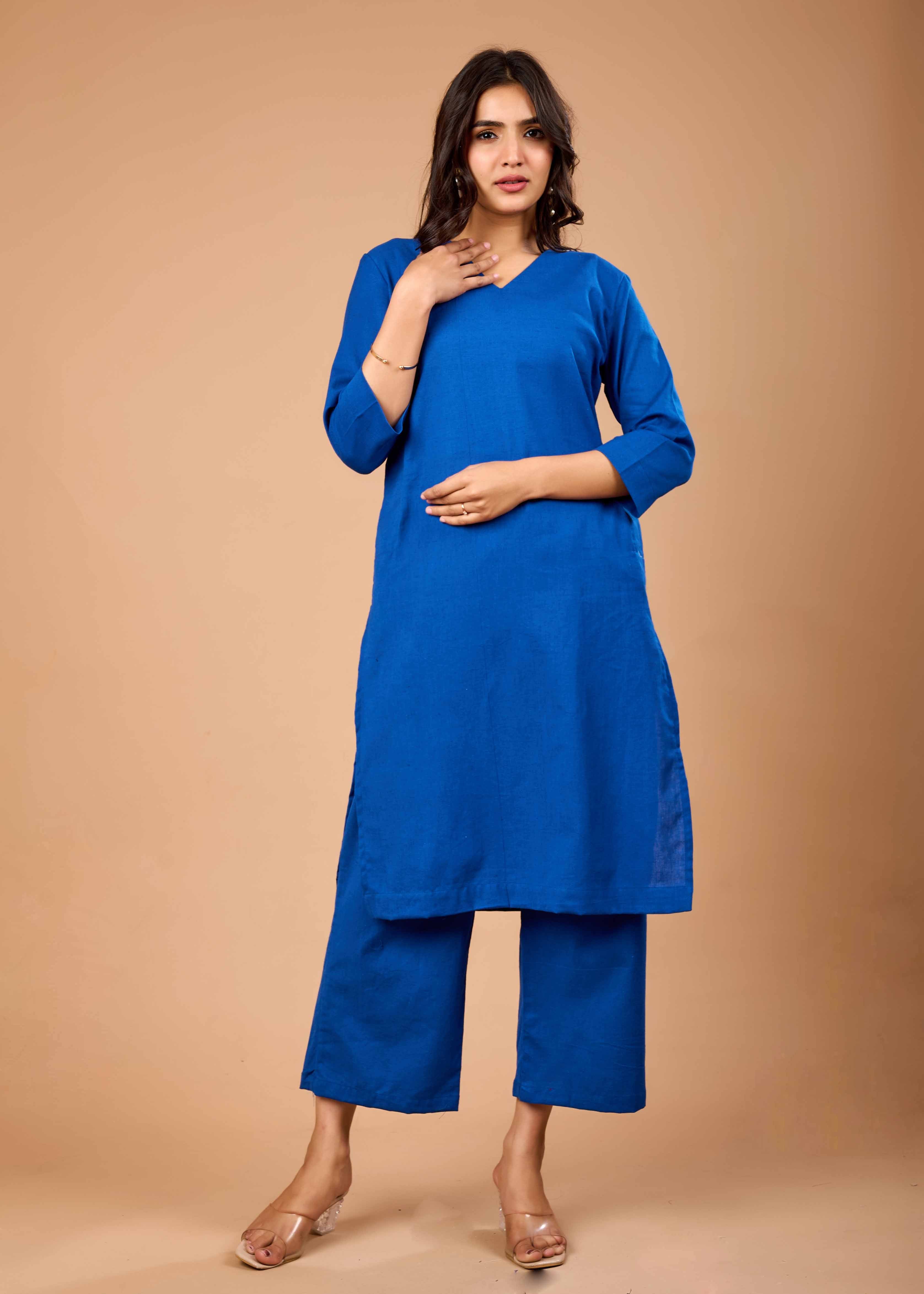 Women Blue Airy Linen Kurta with Trousers