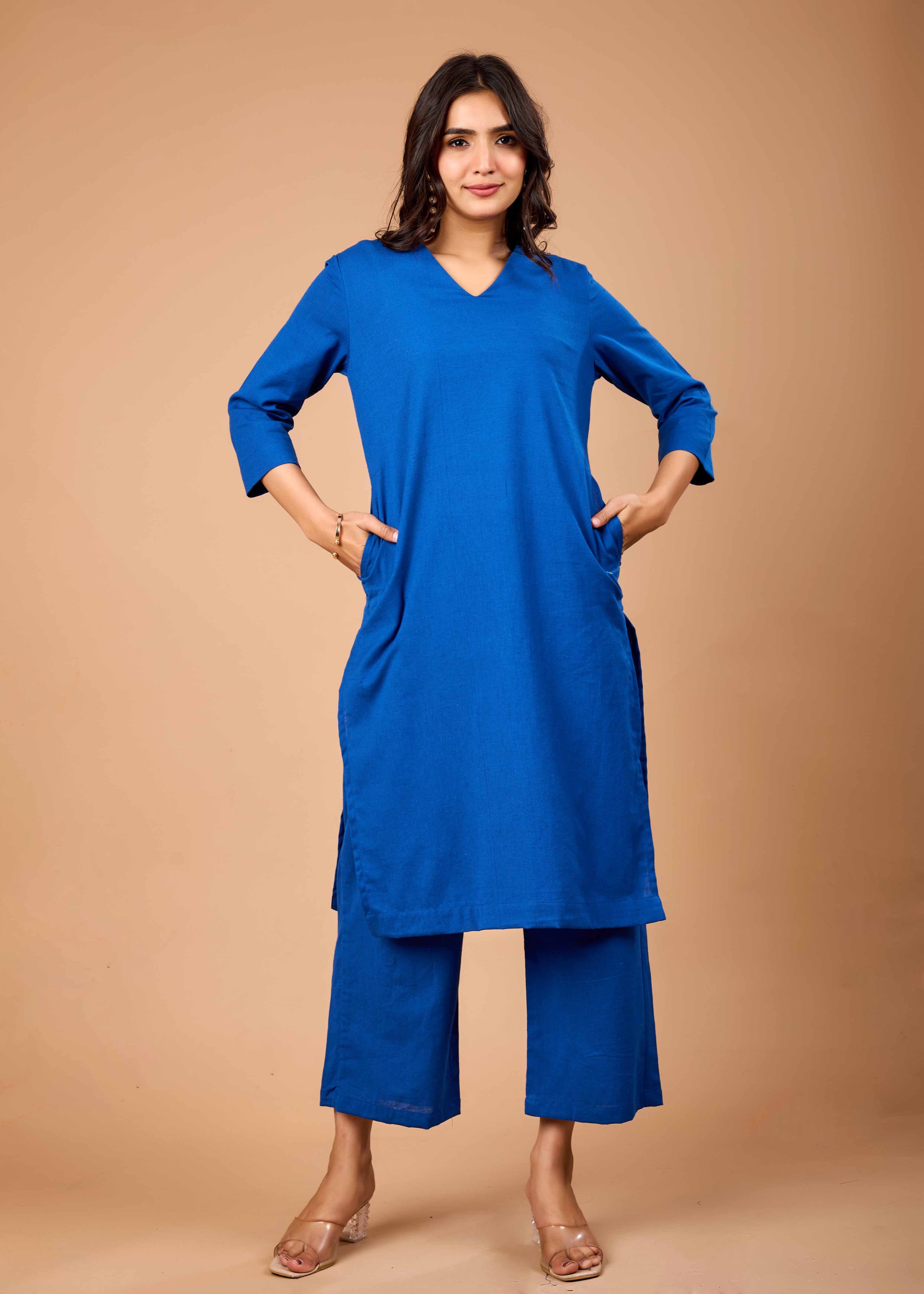 Women Blue Airy Linen Kurta with Trousers
