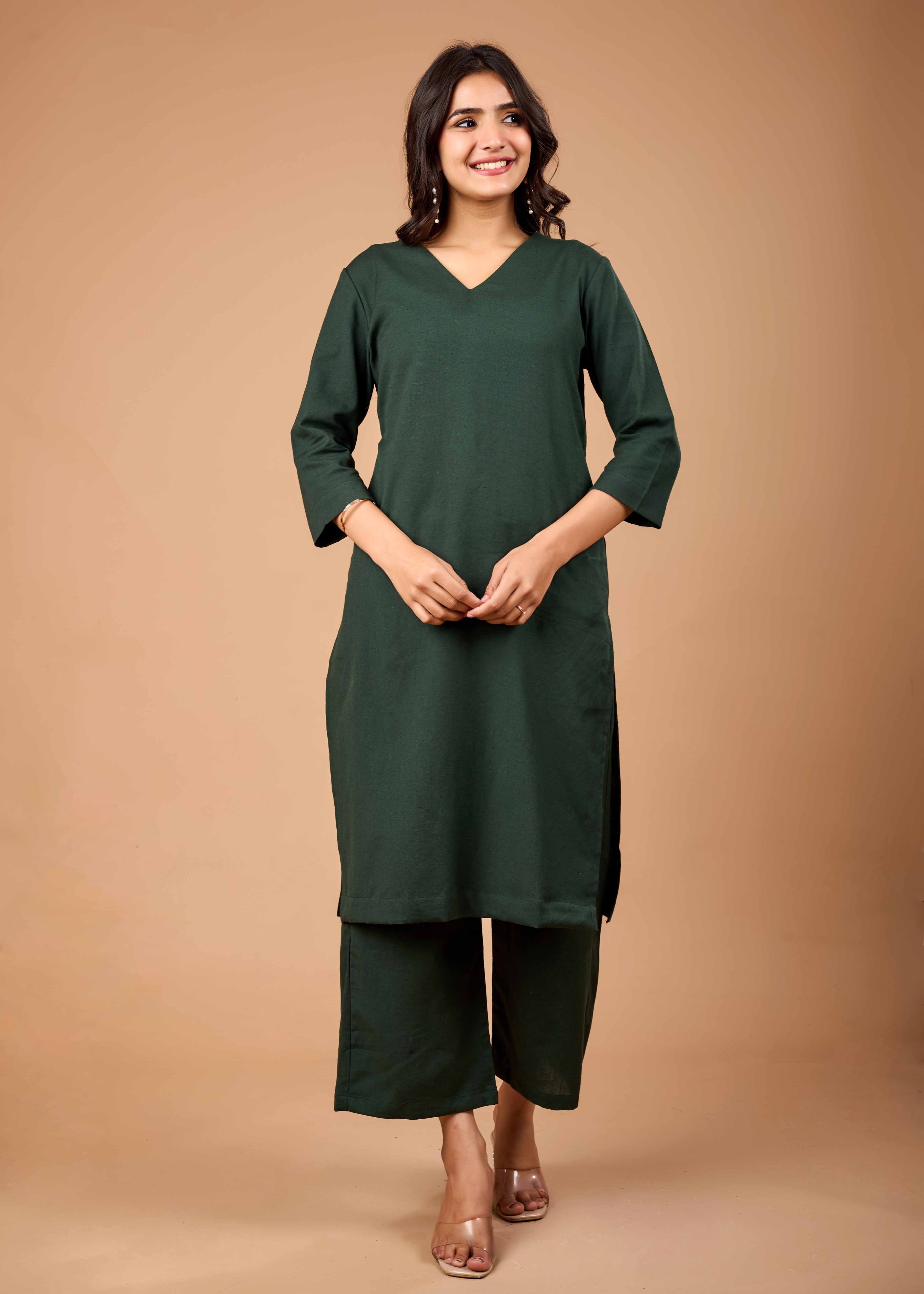 Women Green Airy Linen Kurta with Trousers