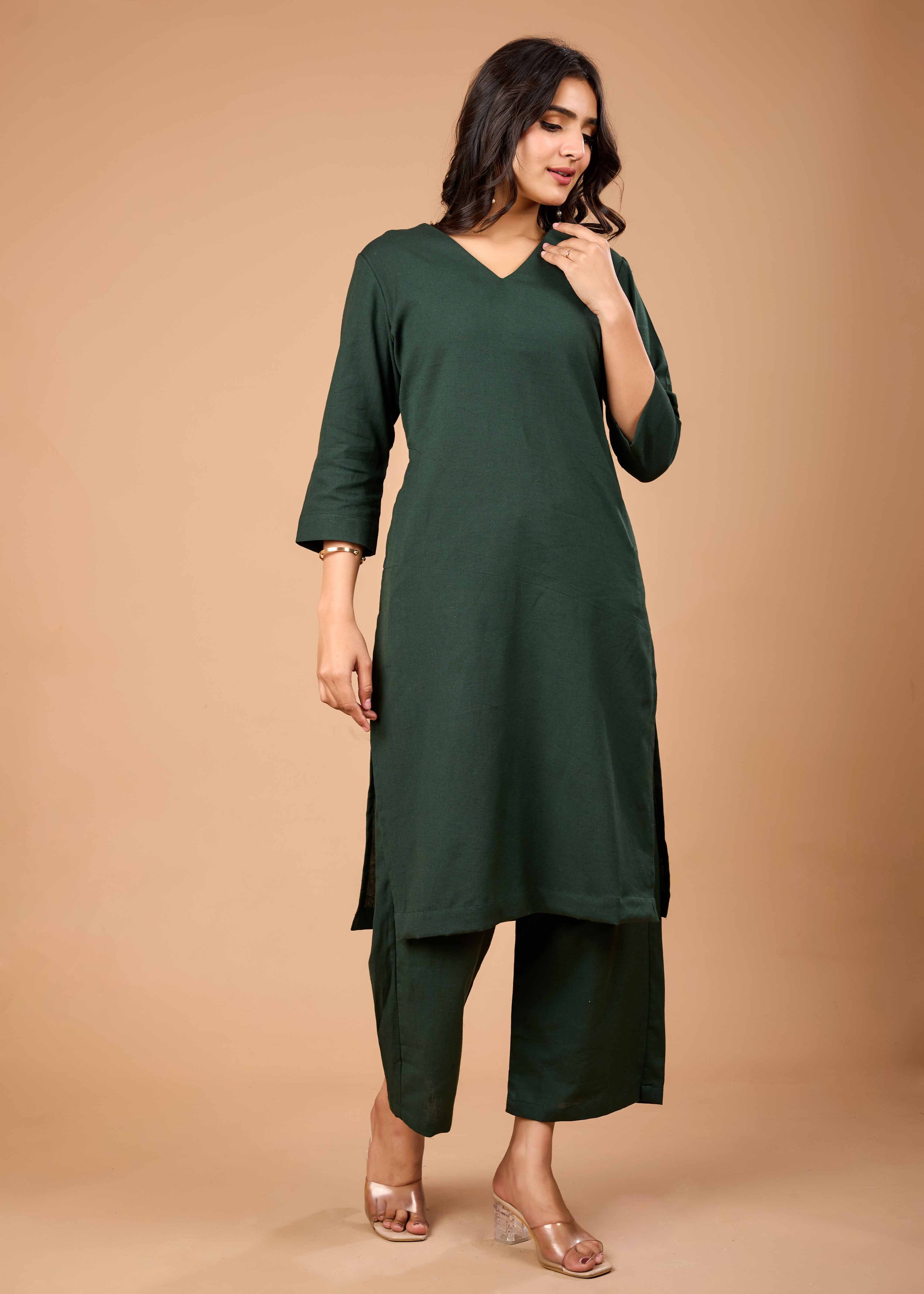 Women Green Airy Linen Kurta with Trousers