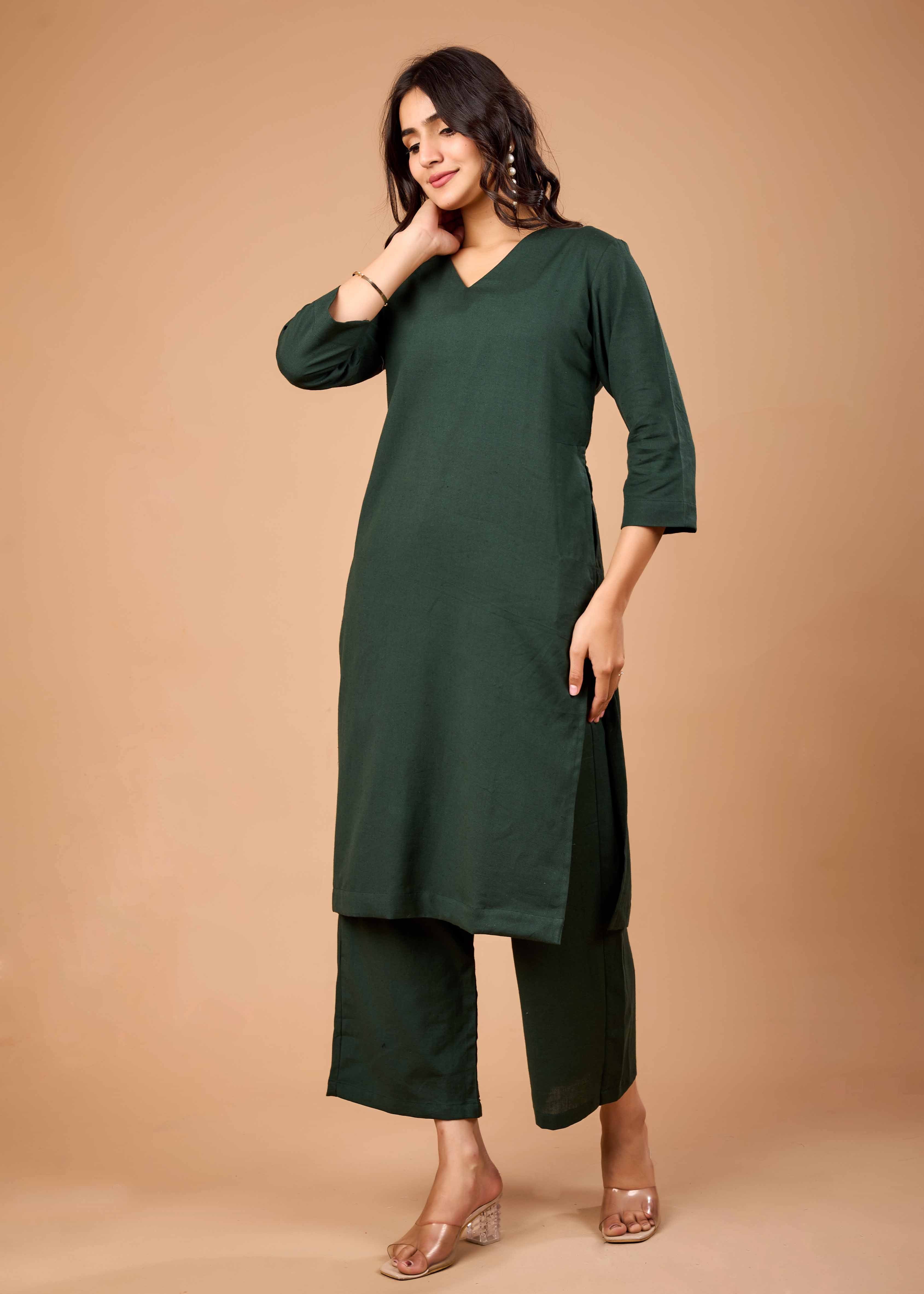 Women Green Airy Linen Kurta with Trousers