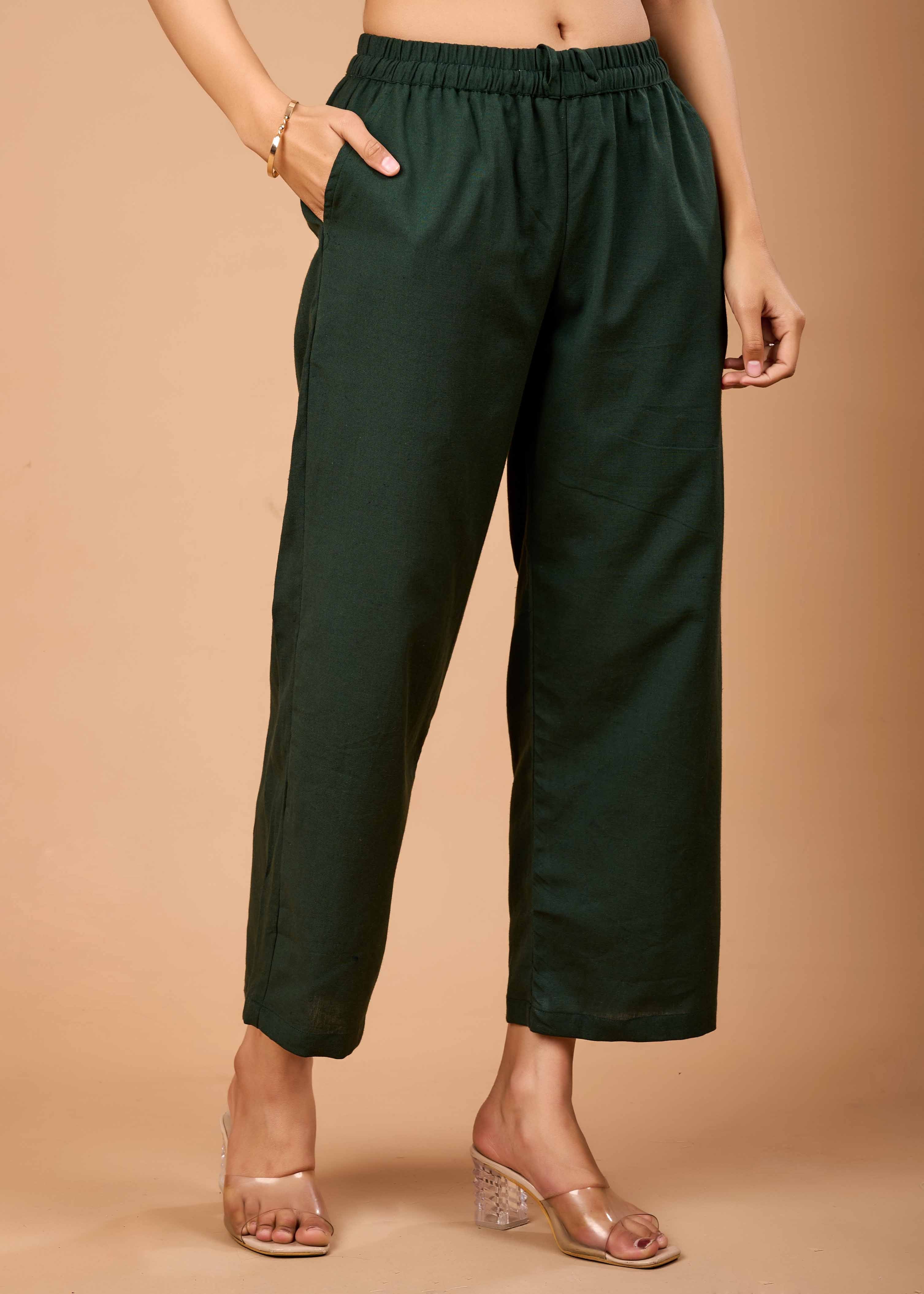 Women Green Airy Linen Kurta with Trousers