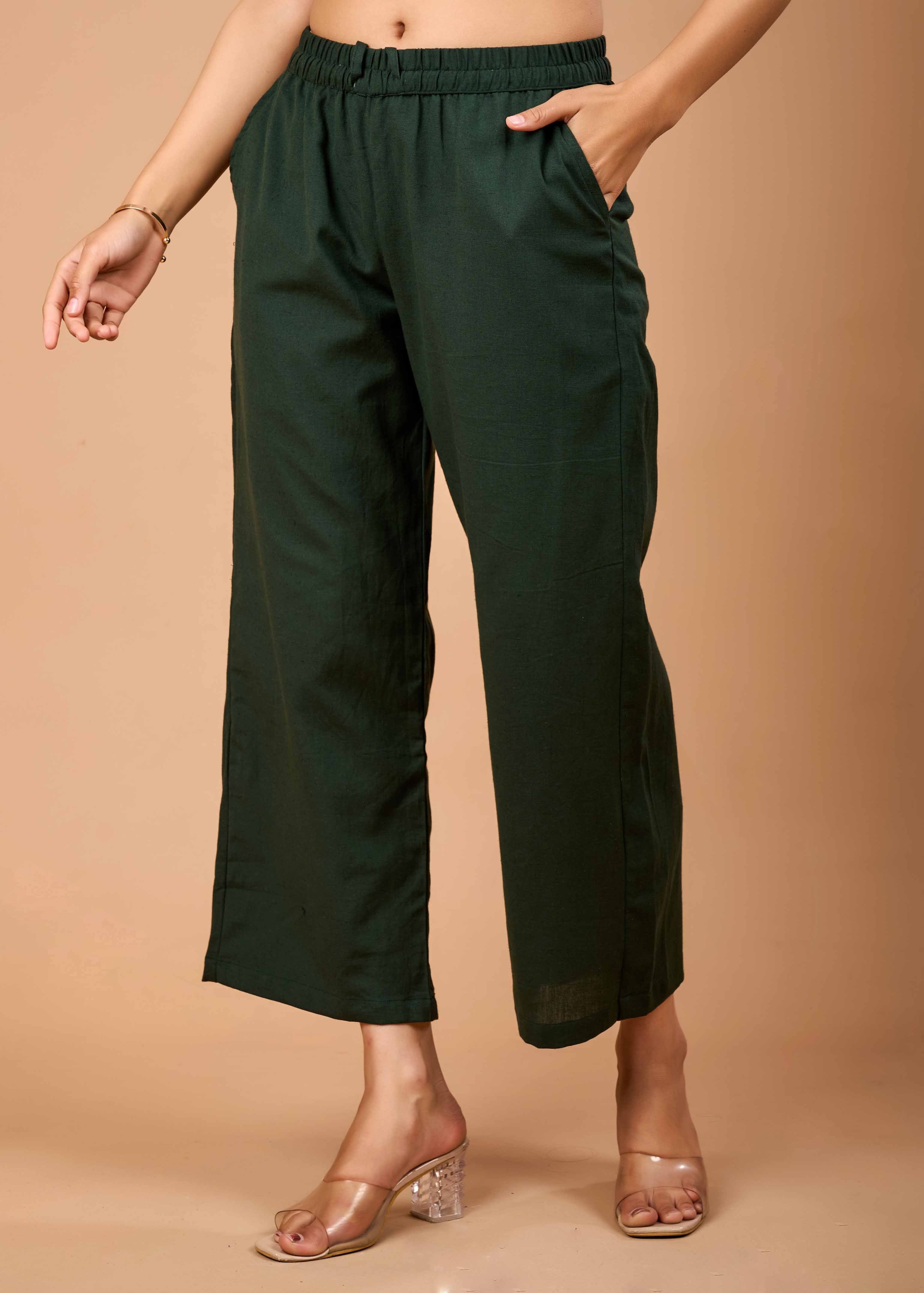 Women Green Airy Linen Kurta with Trousers