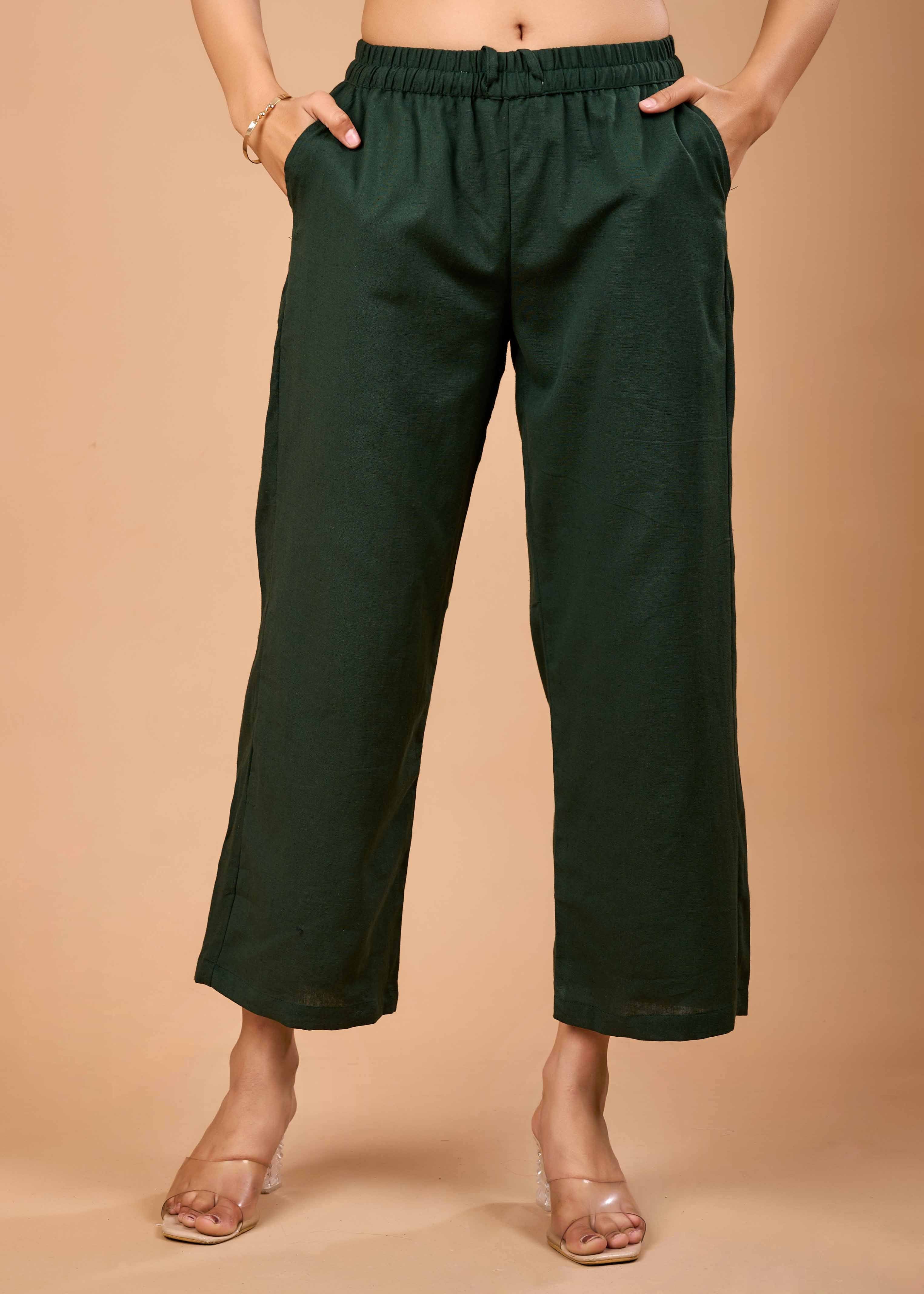 Women Green Airy Linen Kurta with Trousers