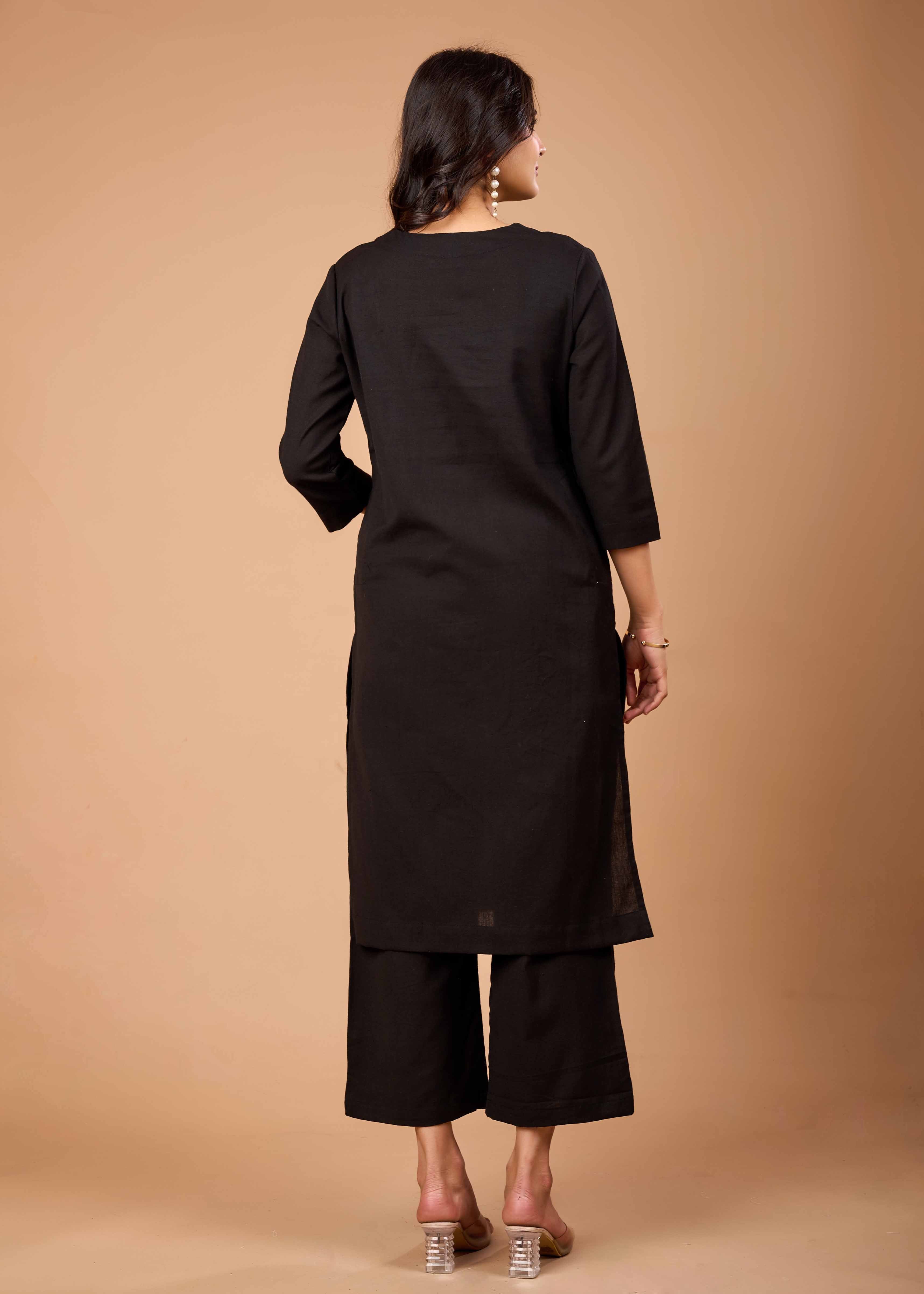 Women Black Airy Linen Kurta with Trousers
