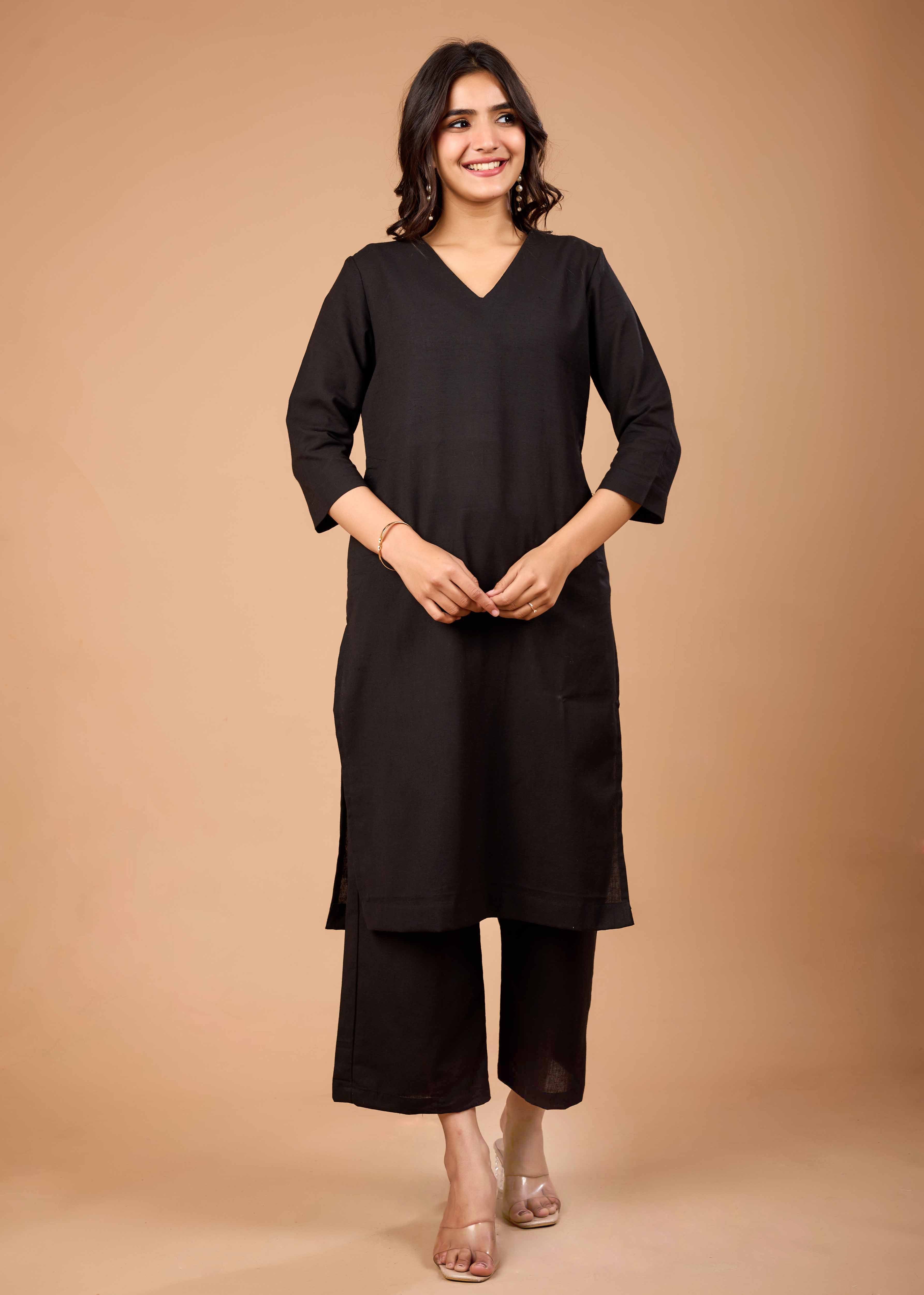 Women Black Airy Linen Kurta with Trousers