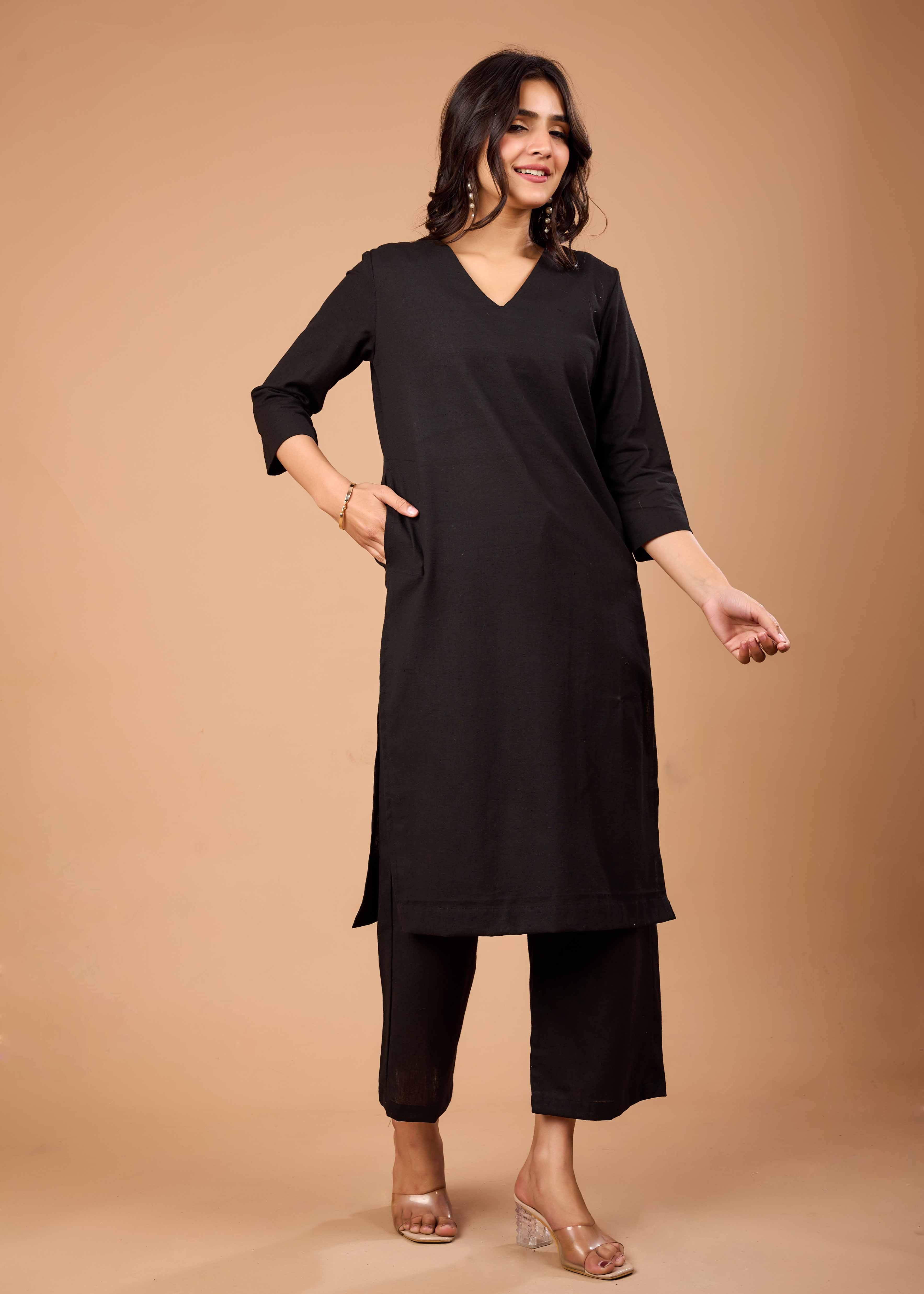Women Black Airy Linen Kurta with Trousers
