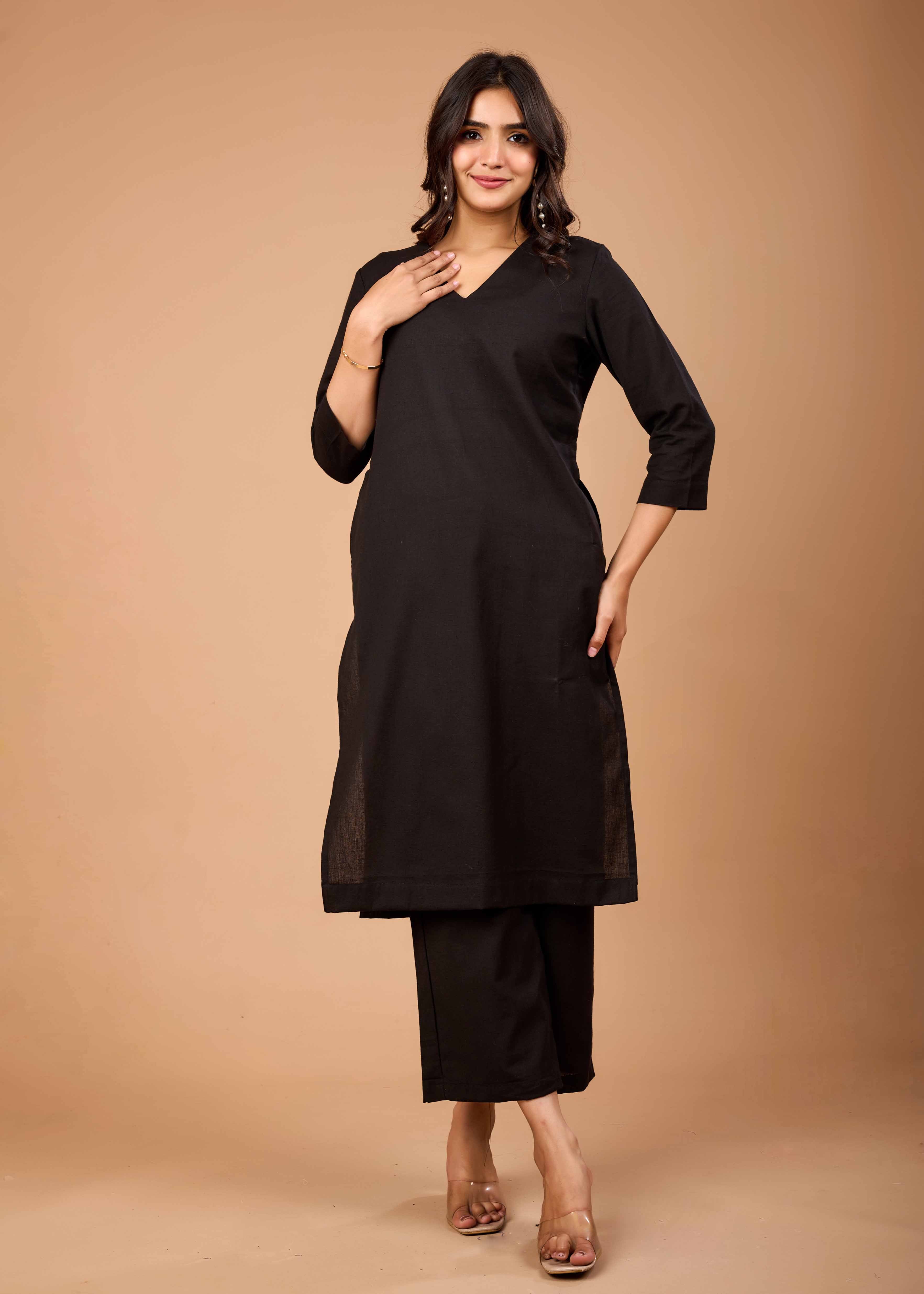 Women Black Airy Linen Kurta with Trousers