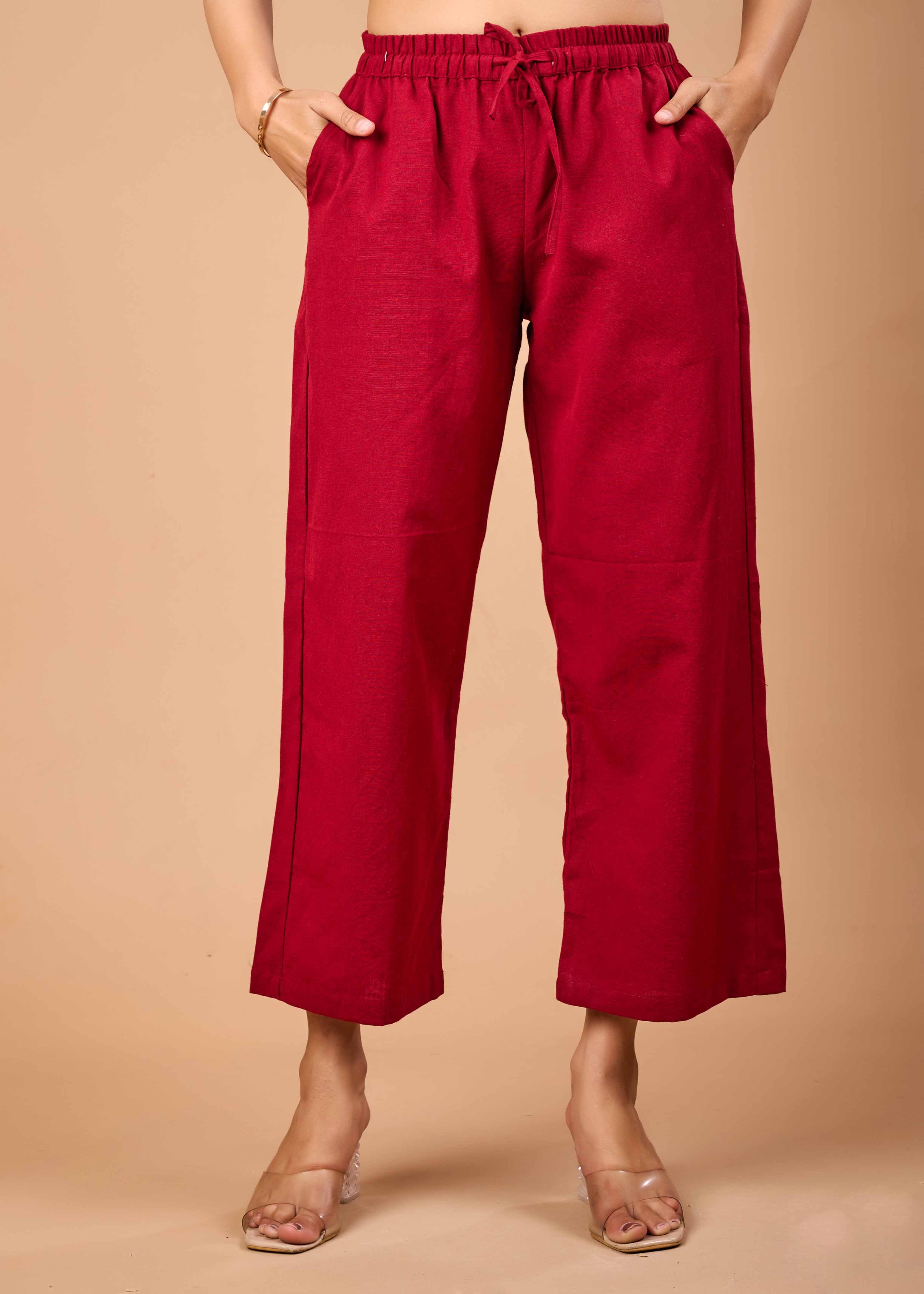 Women Maroon Airy Linen Kurta with Trousers