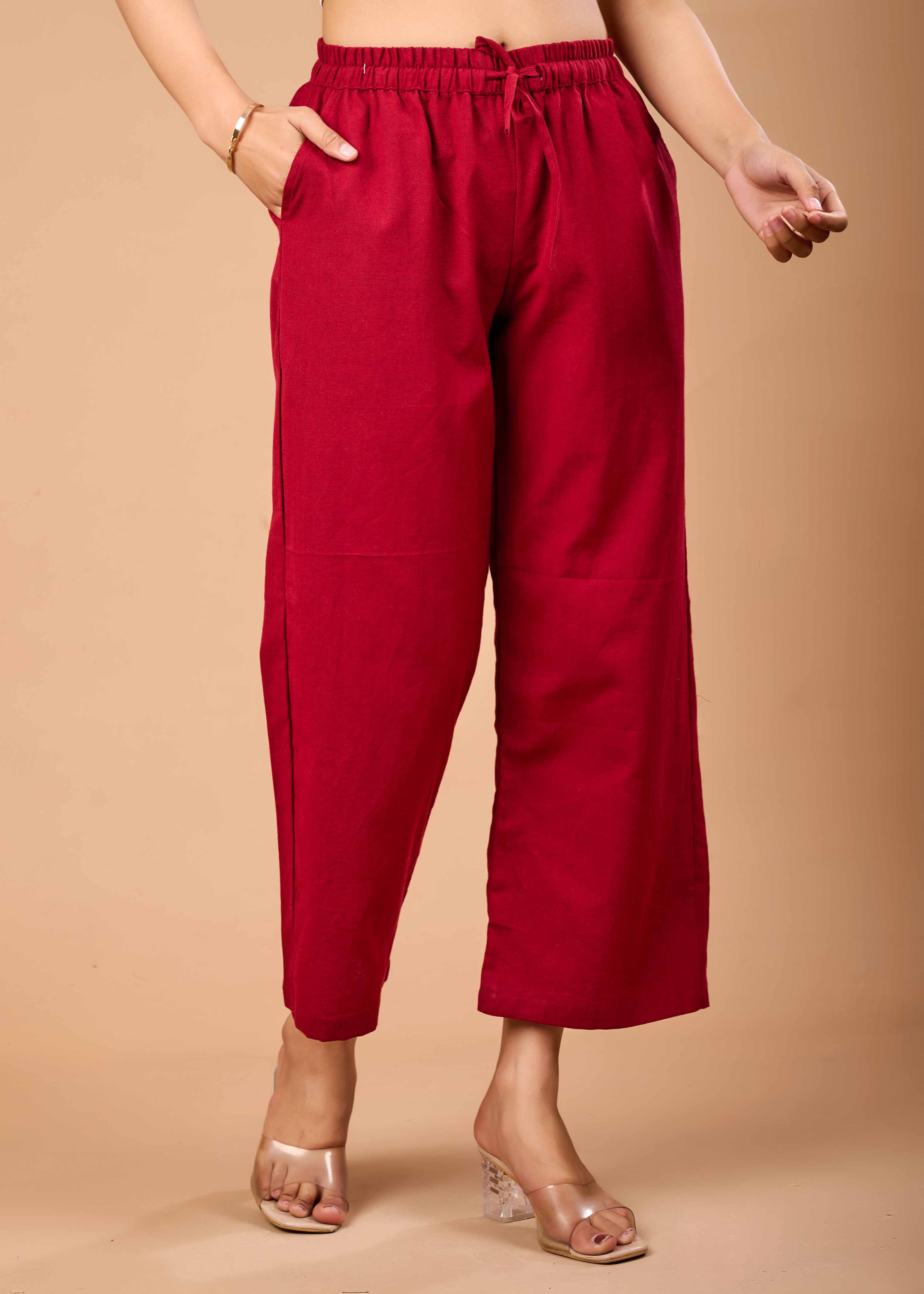 Women Maroon Airy Linen Kurta with Trousers