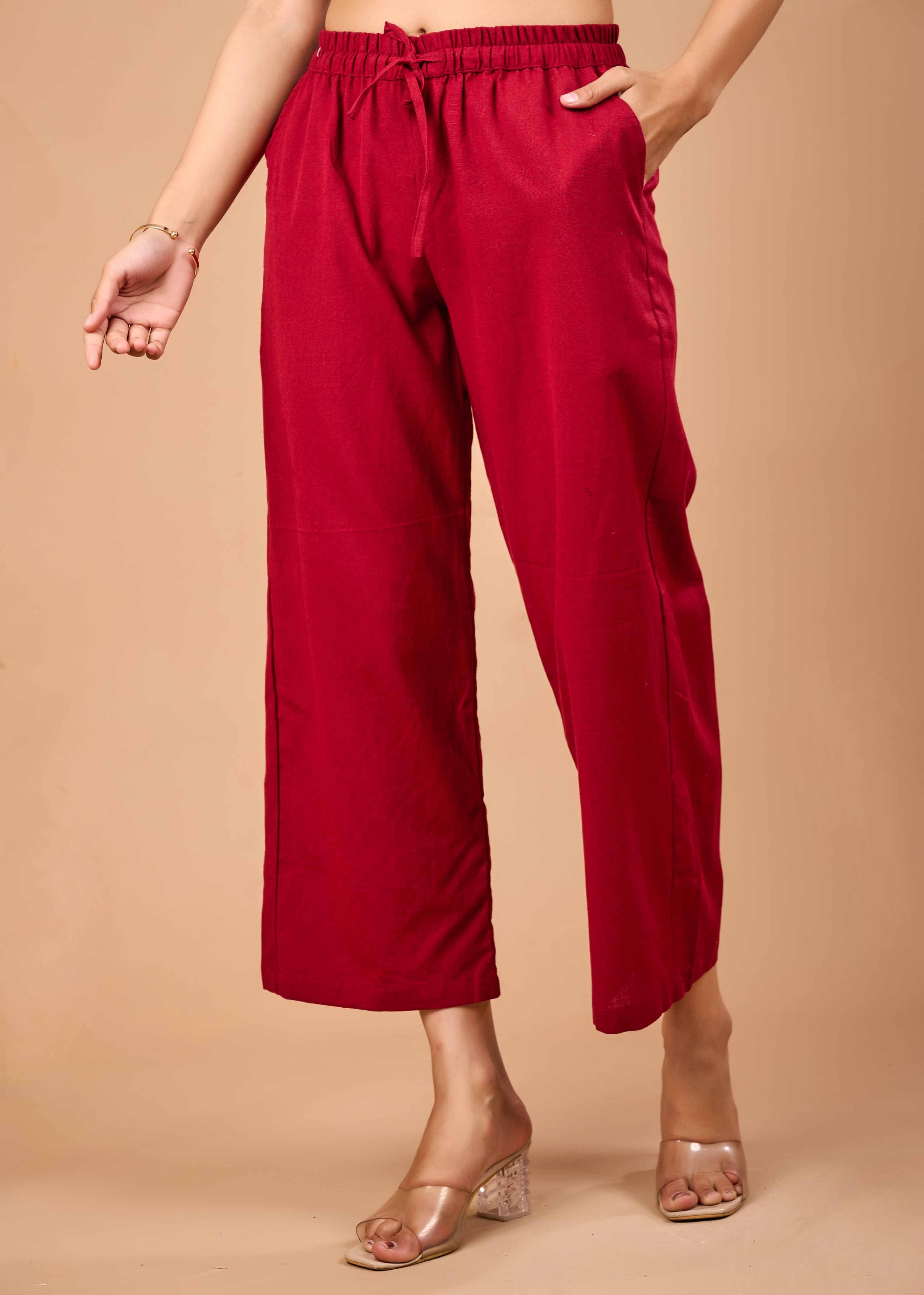 Women Maroon Airy Linen Kurta with Trousers