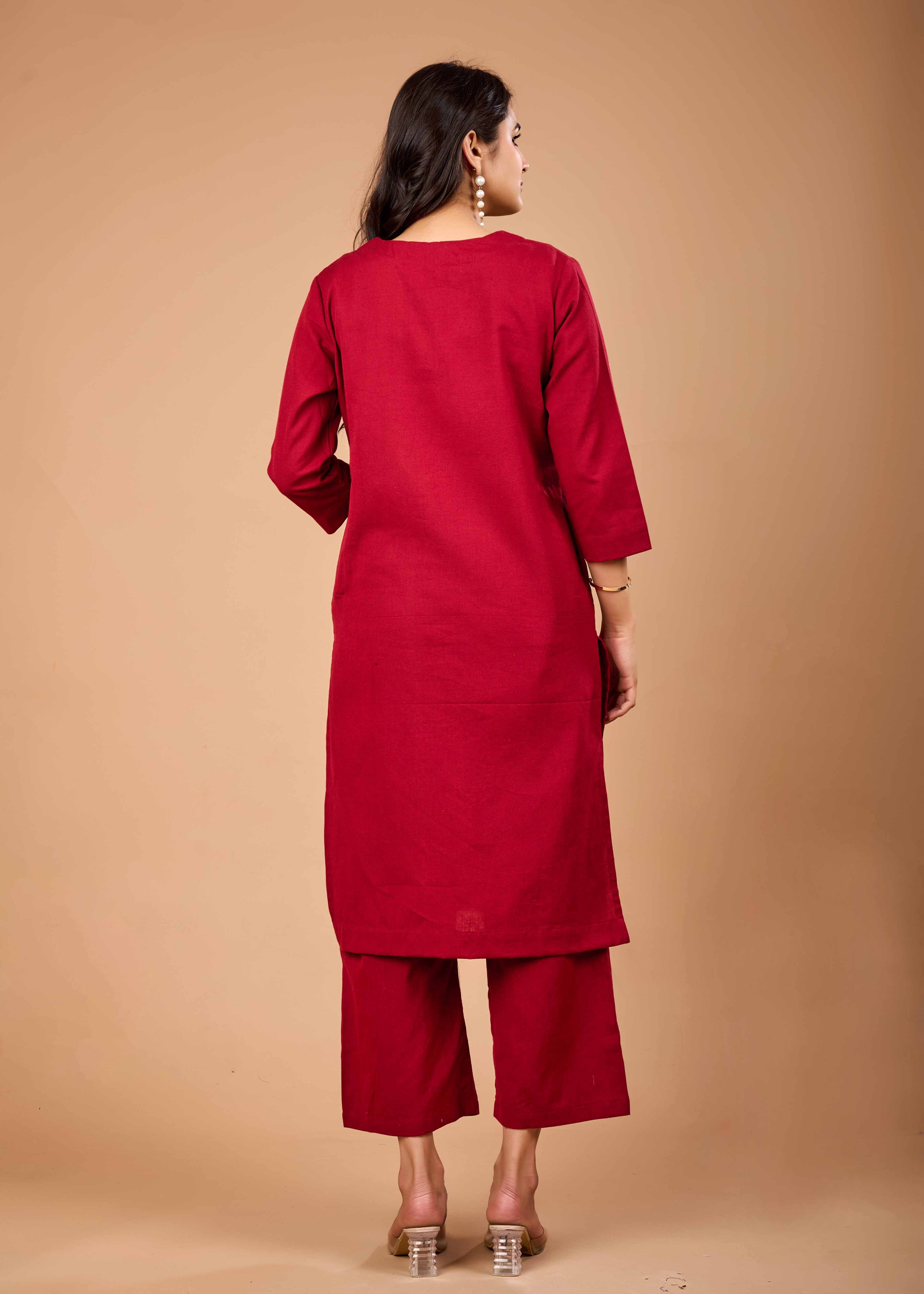 Women Maroon Airy Linen Kurta with Trousers