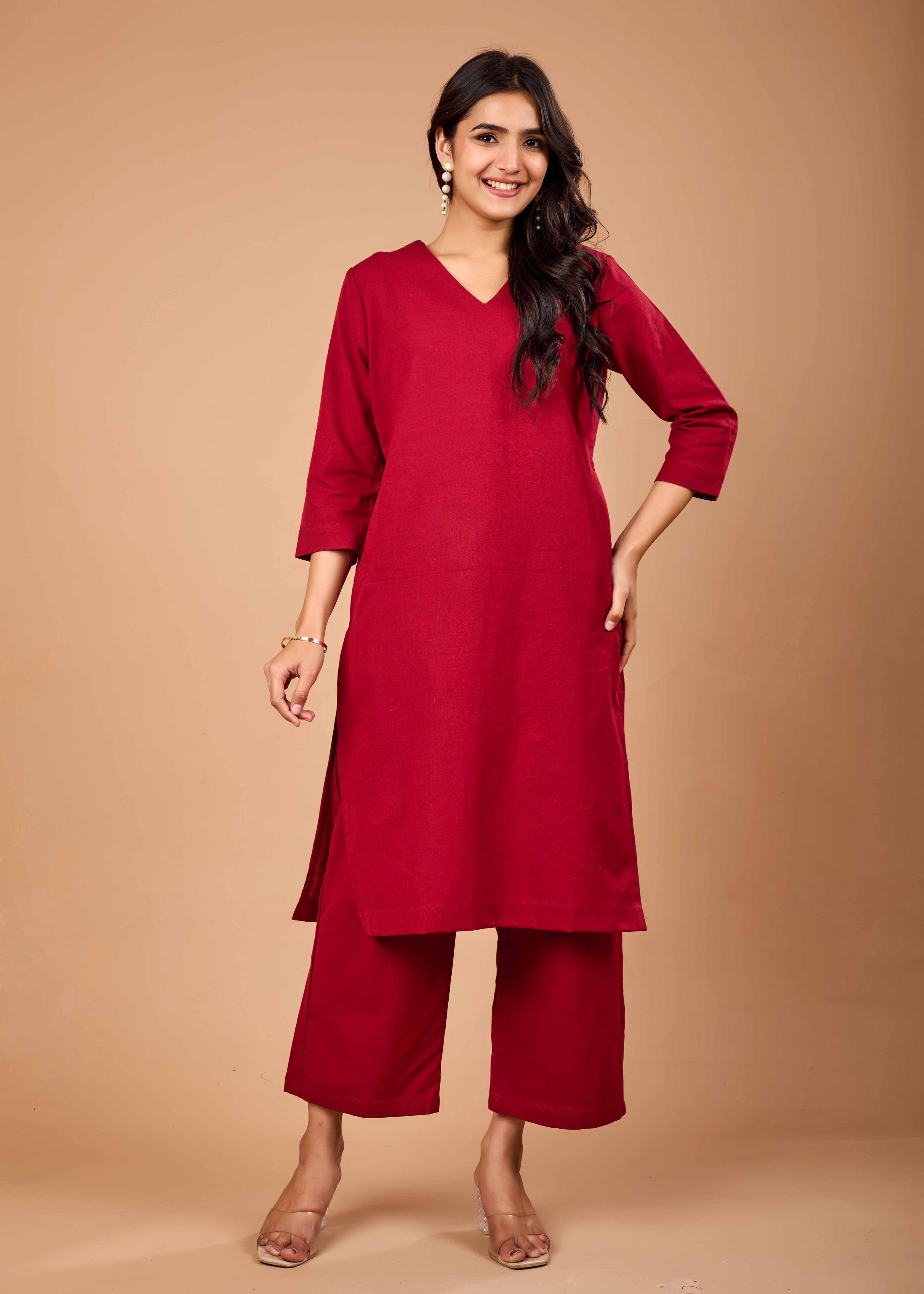 Women Maroon Airy Linen Kurta with Trousers