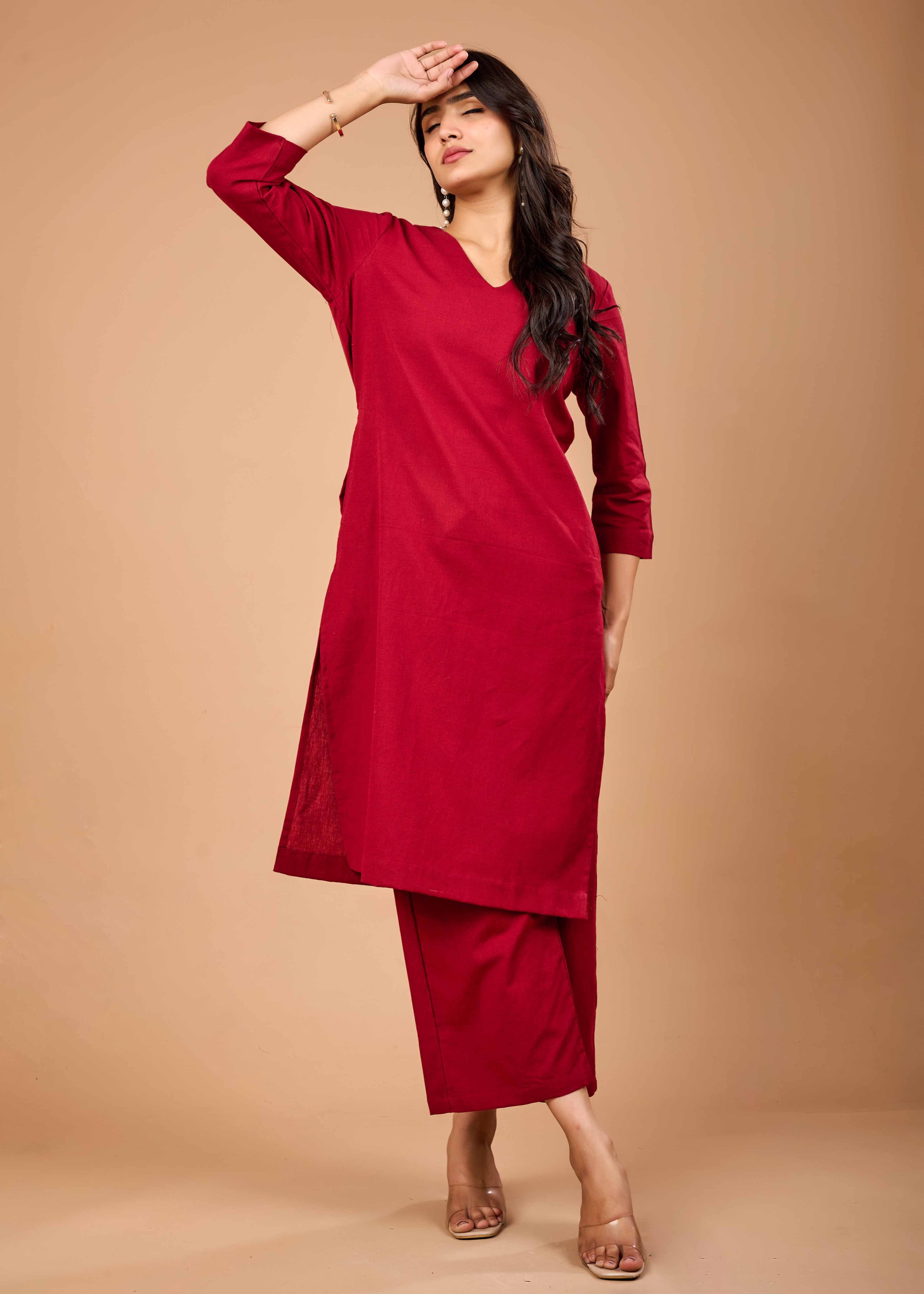 Women Maroon Airy Linen Kurta with Trousers